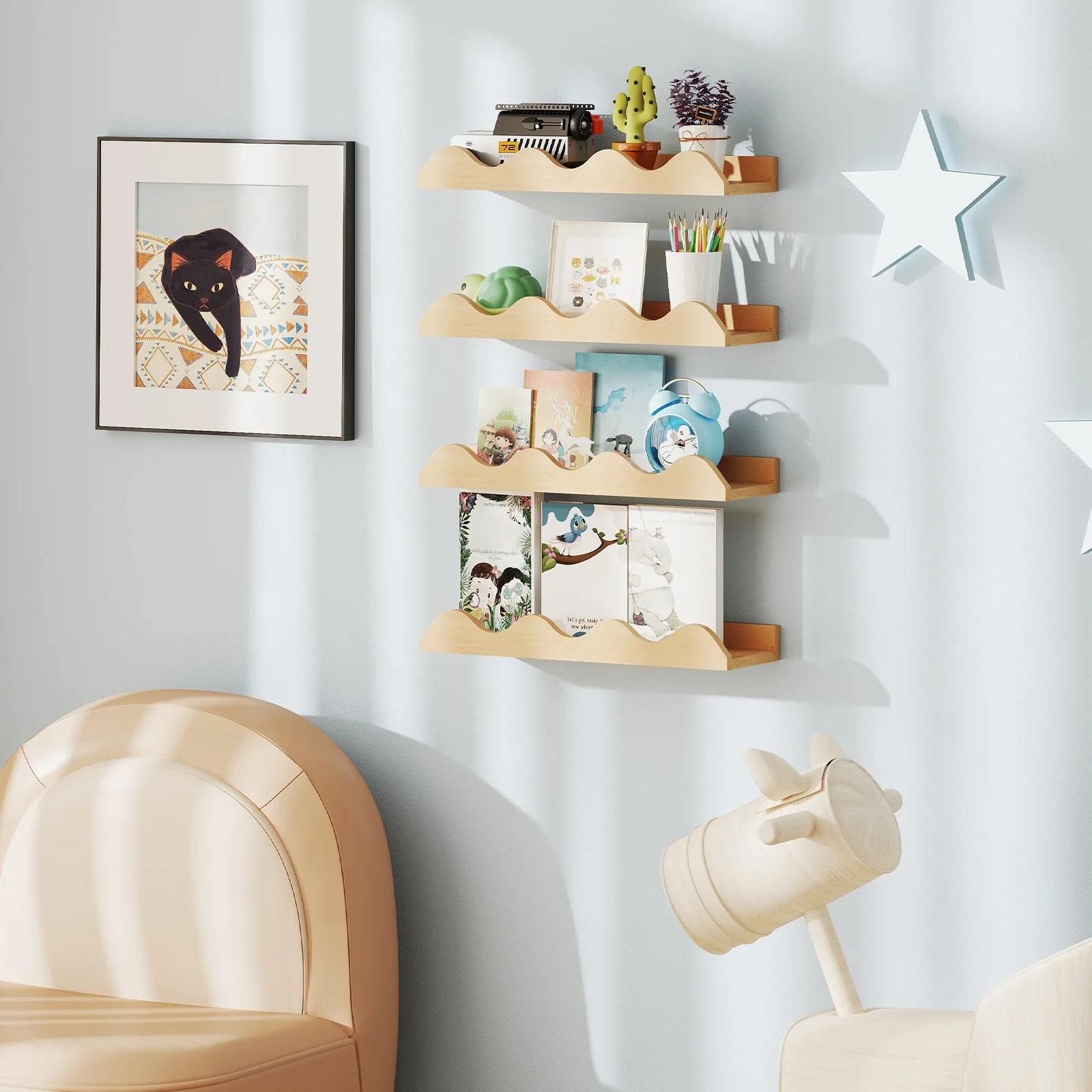 16 Inch Kids Bookshelf Set, 4 Floating Nursery Shelves, Natural - Image 2