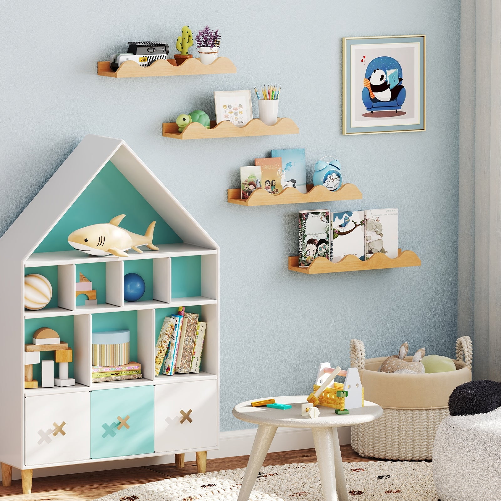 16 Inch Kids Bookshelf Set, 4 Floating Nursery Shelves, Natural - Image 3