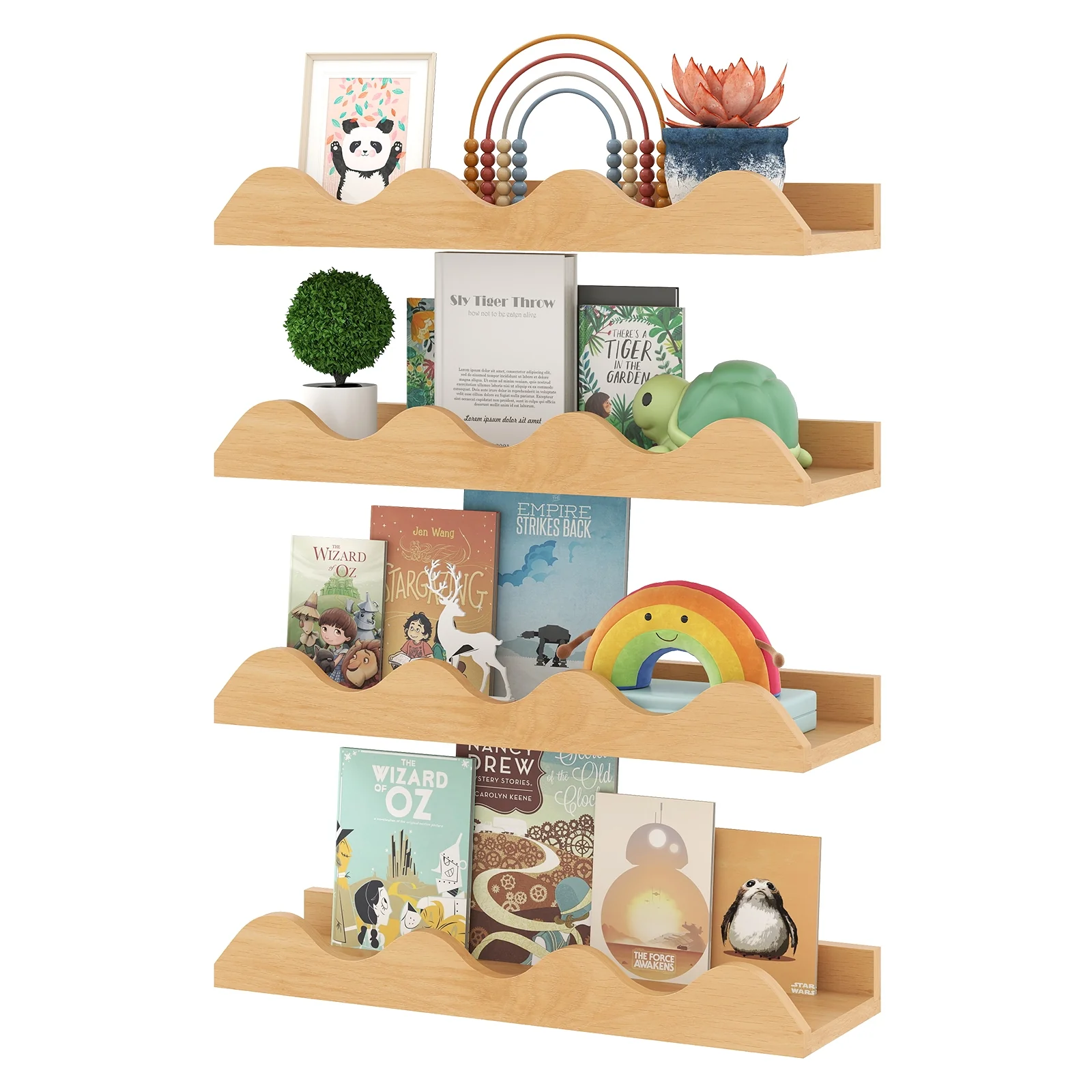 16 Inch Kids Bookshelf Set, 4 Floating Nursery Shelves, Natural - Image 5