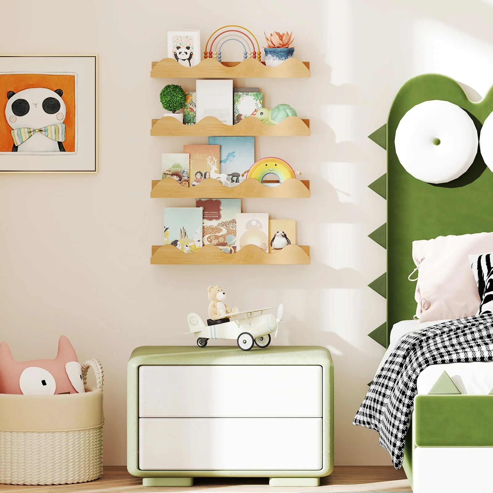 16 Inch Kids Bookshelf Set, 4 Floating Nursery Shelves, Natural - Image 7