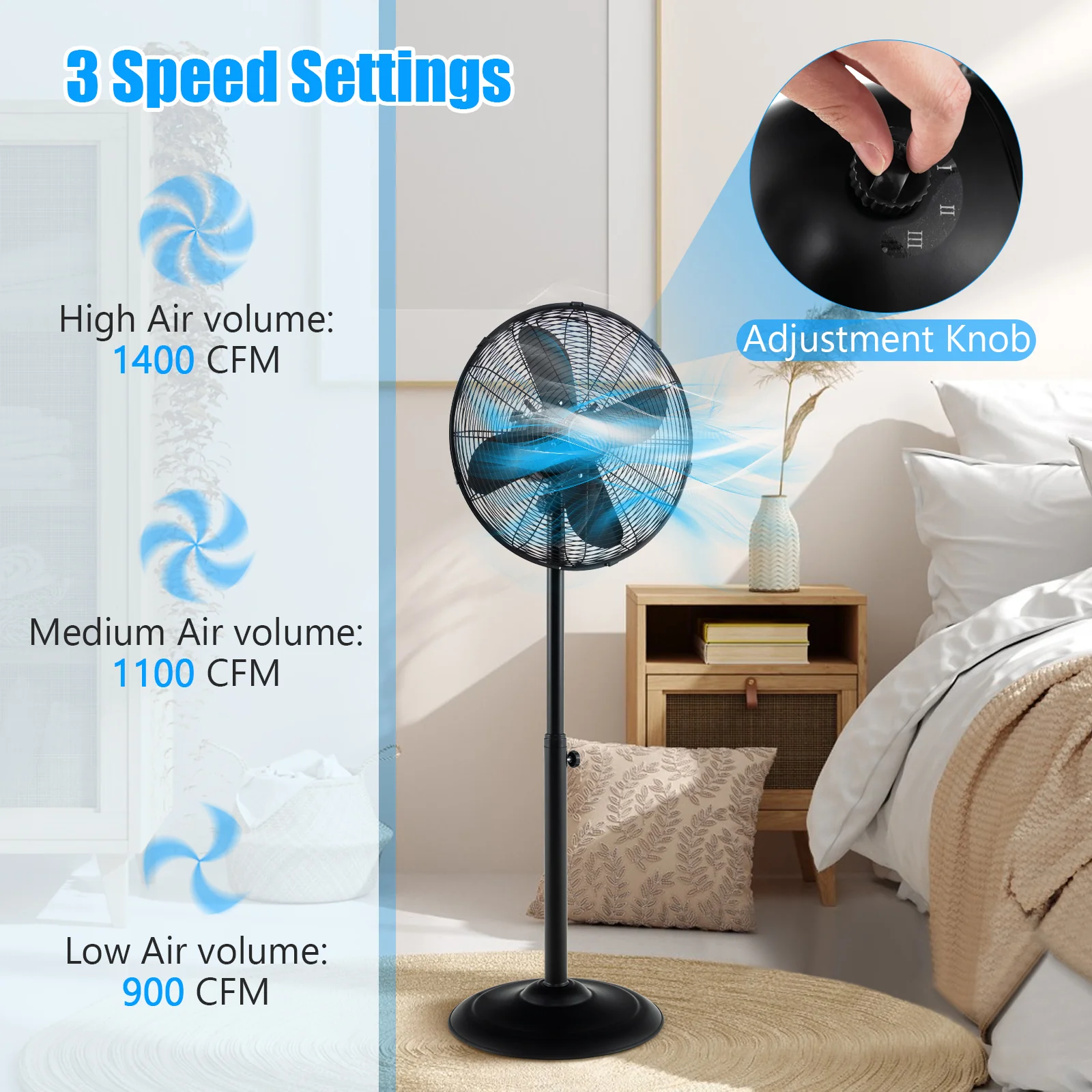 16 Inch Pedestal Standing Fan, 3 Speeds, Adjustable Height, Black - Image 7