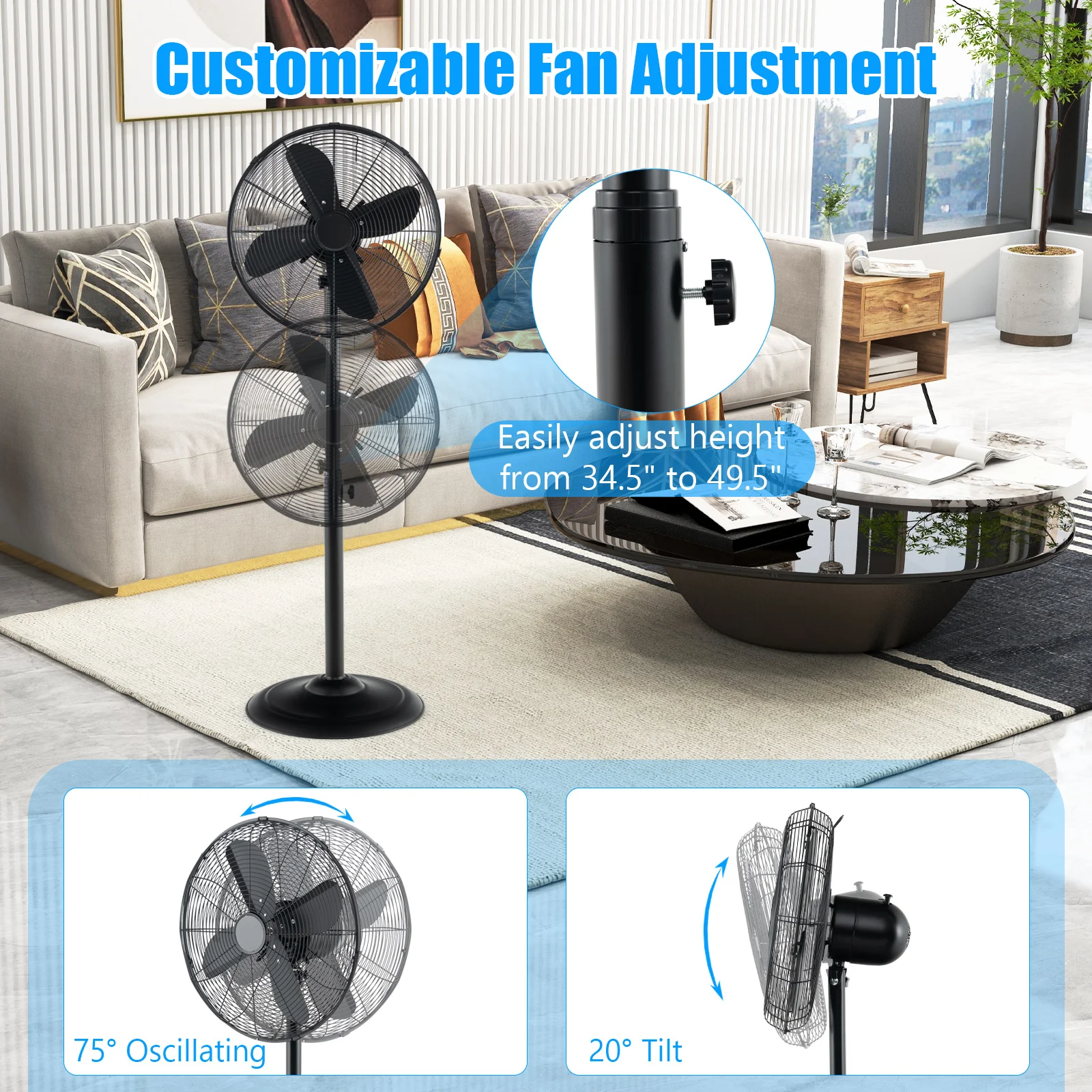 16 Inch Pedestal Standing Fan, 3 Speeds, Adjustable Height, Black - Image 9