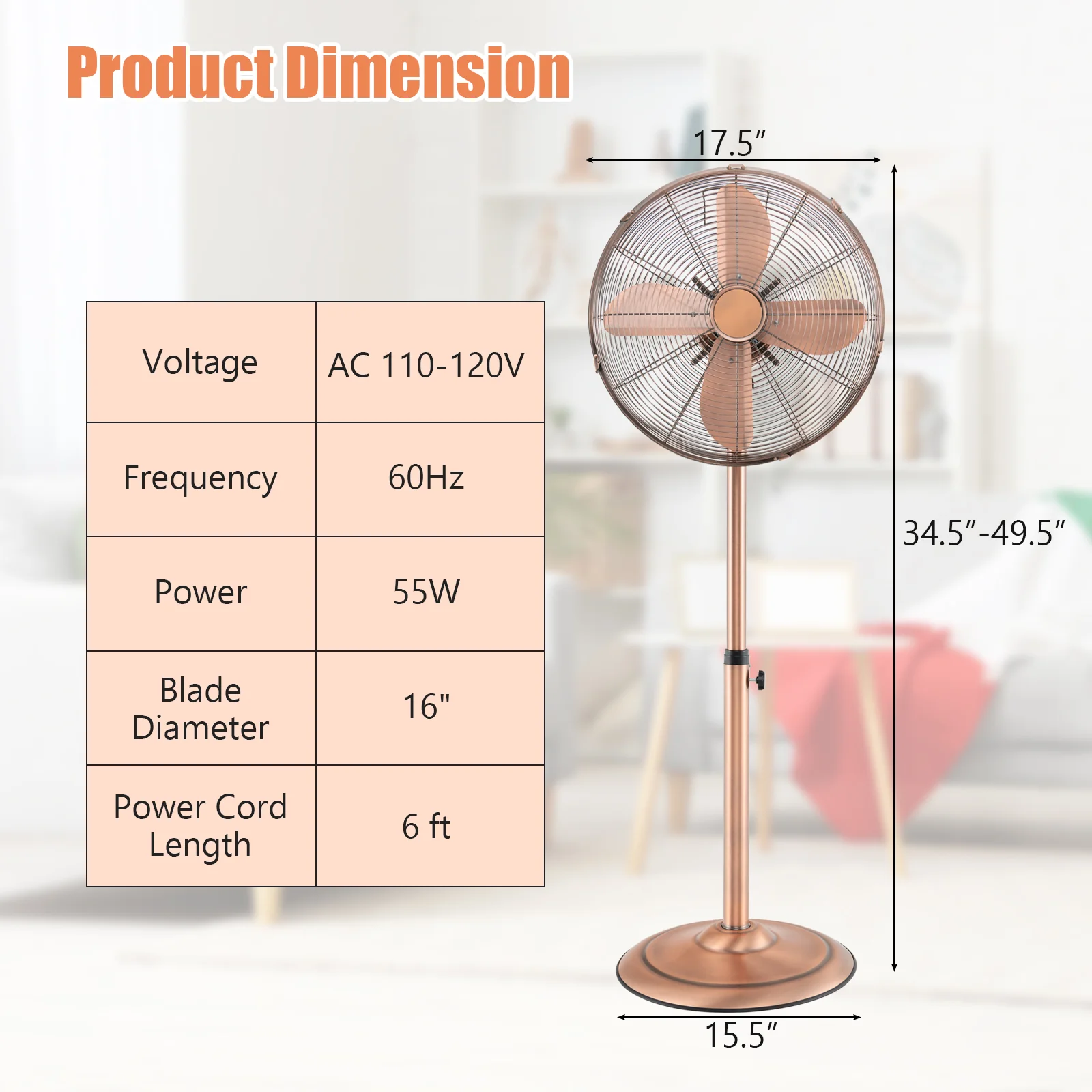 16 Inch Pedestal Standing Fan, 3 Speeds, Adjustable Height, Copper - Image 5