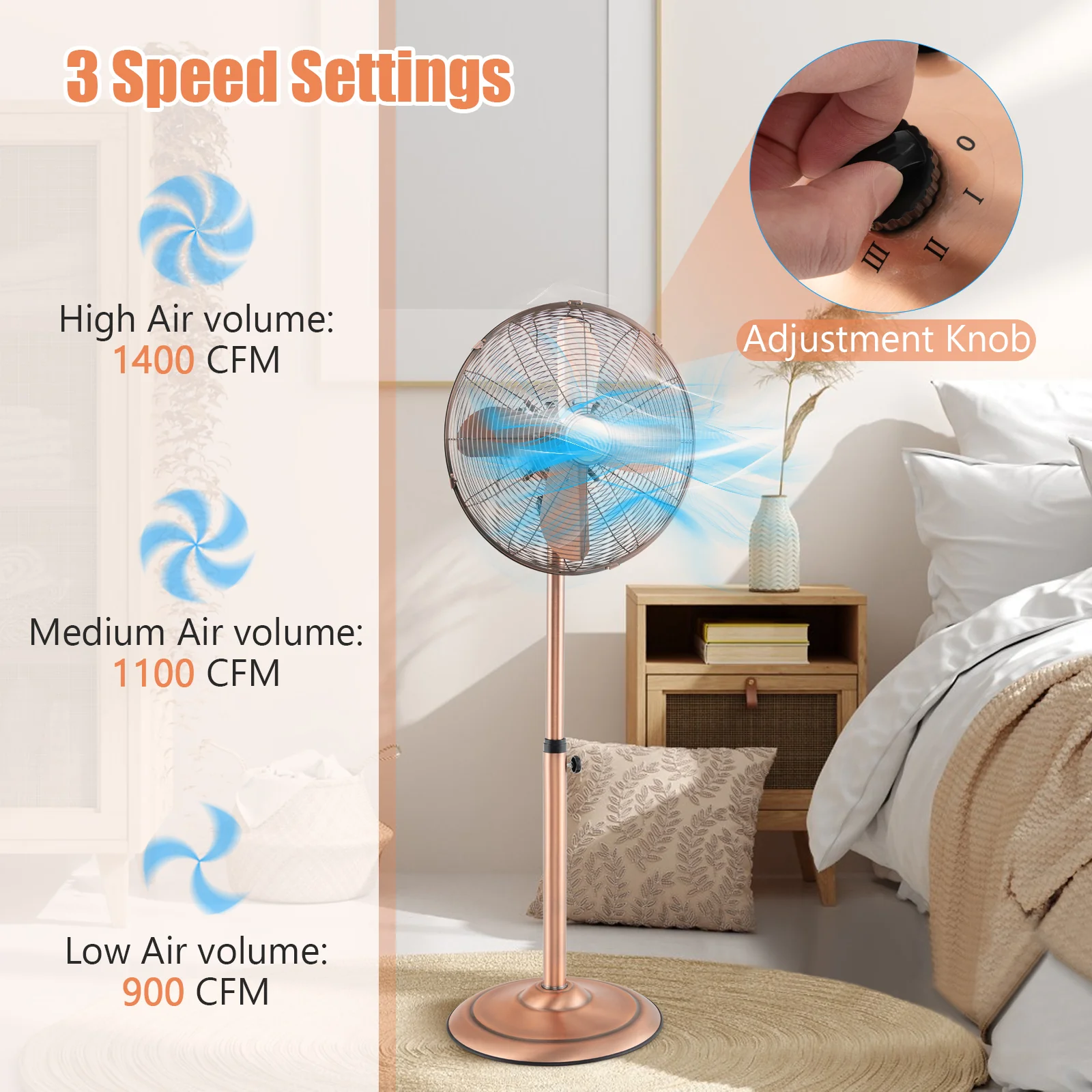 16 Inch Pedestal Standing Fan, 3 Speeds, Adjustable Height, Copper - Image 7