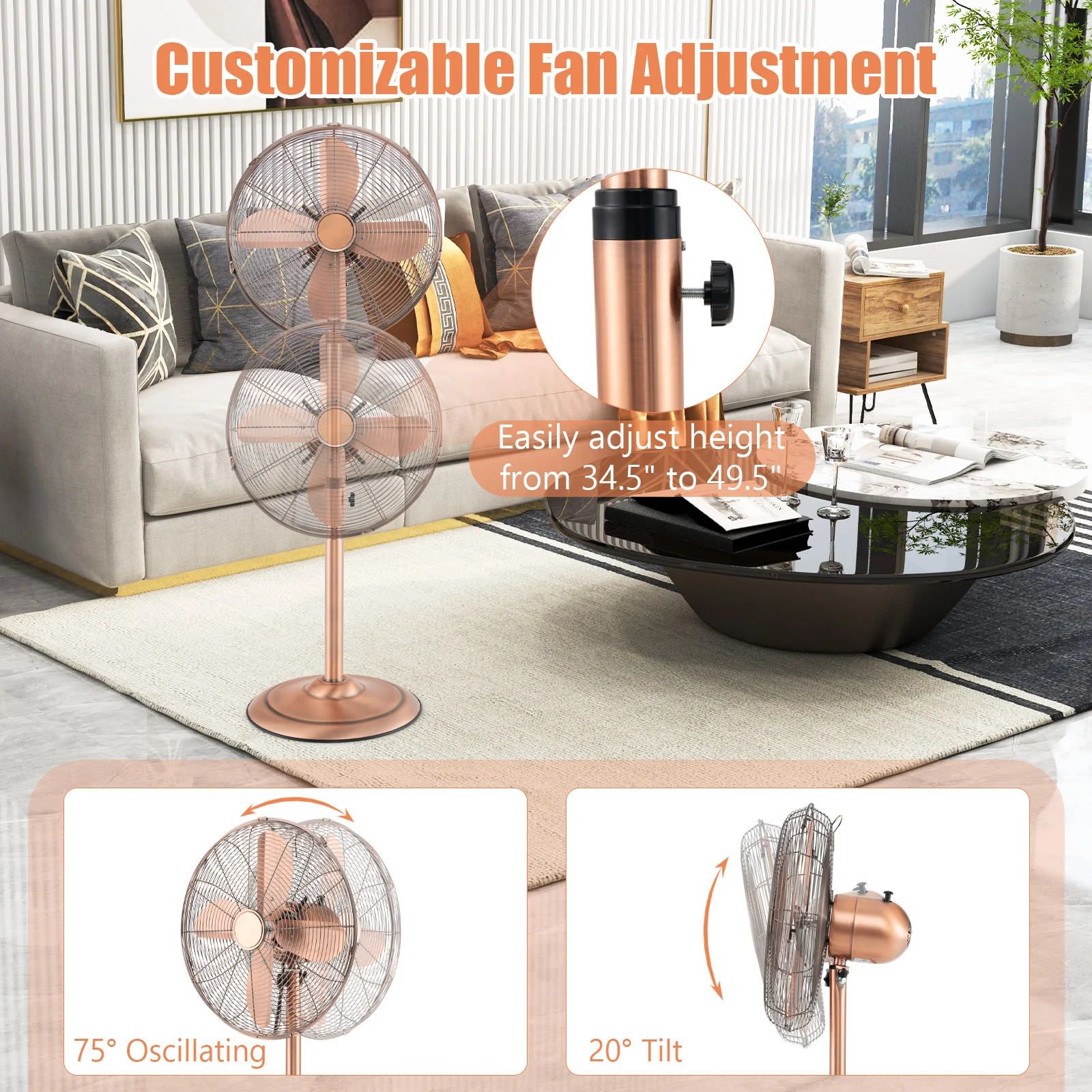 16 Inch Pedestal Standing Fan, 3 Speeds, Adjustable Height, Copper - Image 9