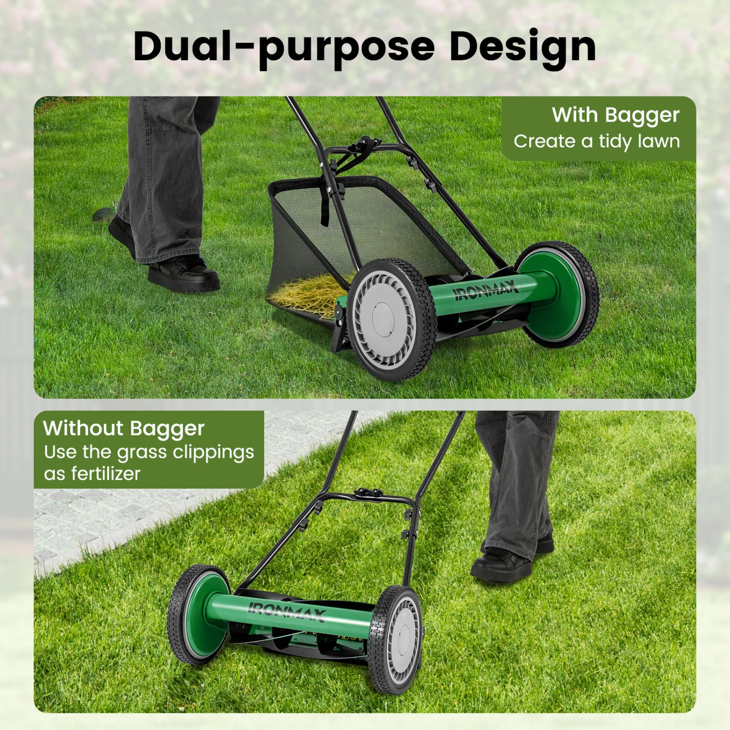 16 Inch Push Lawn Mower, 5 Steel Blades, Grass Catcher Bag, Green - Image 10