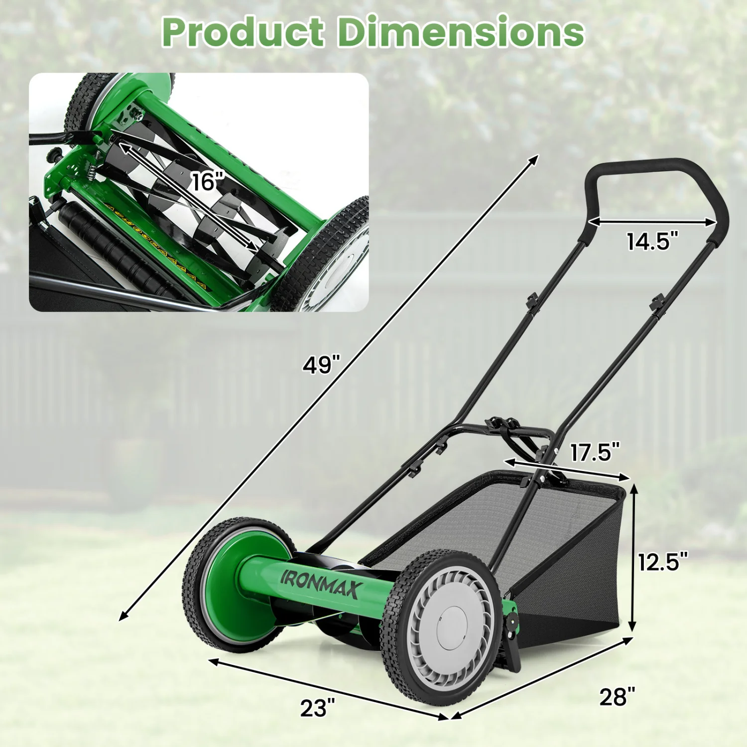 16 Inch Push Lawn Mower, 5 Steel Blades, Grass Catcher Bag, Green - Image 4