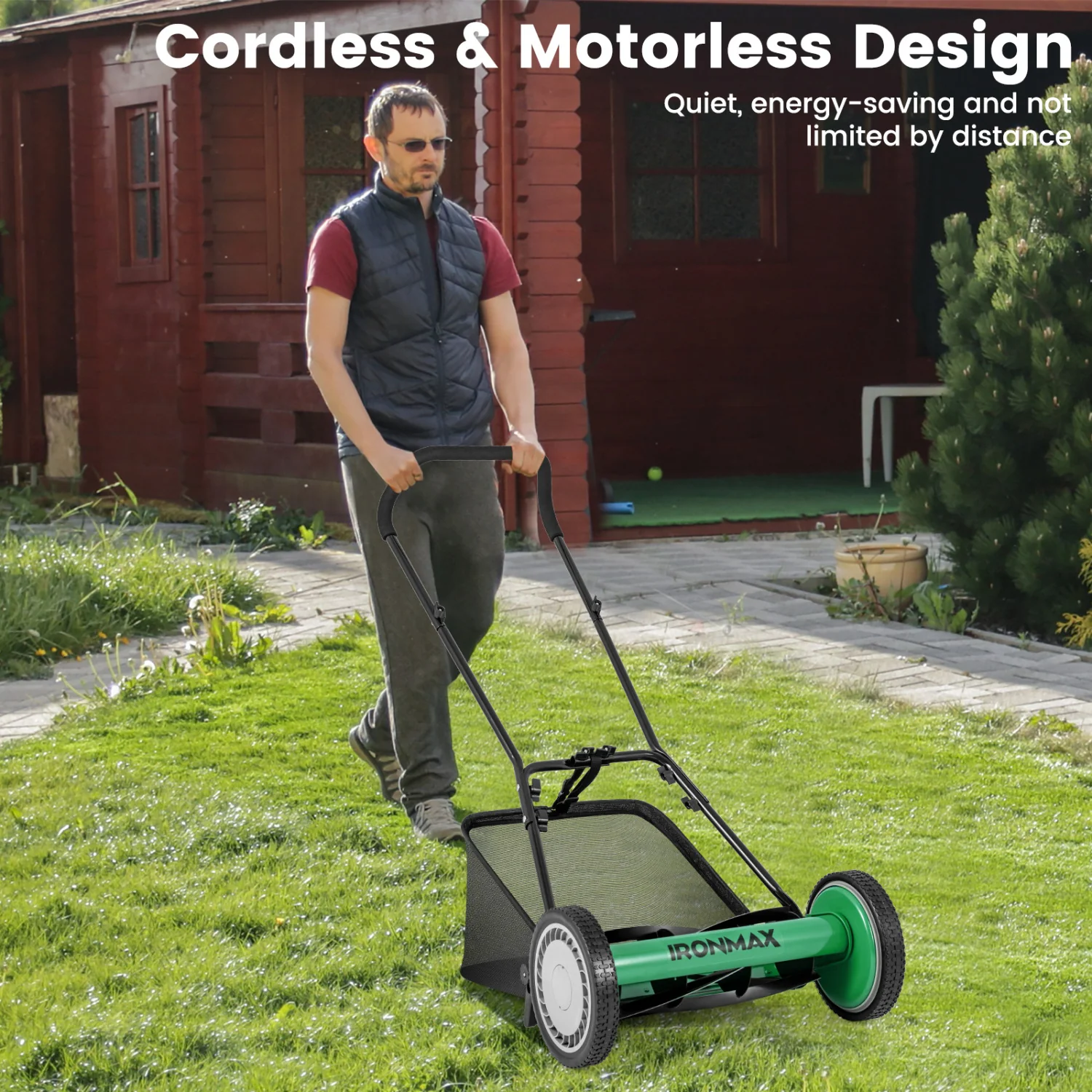 16 Inch Push Lawn Mower, 5 Steel Blades, Grass Catcher Bag, Green - Image 5