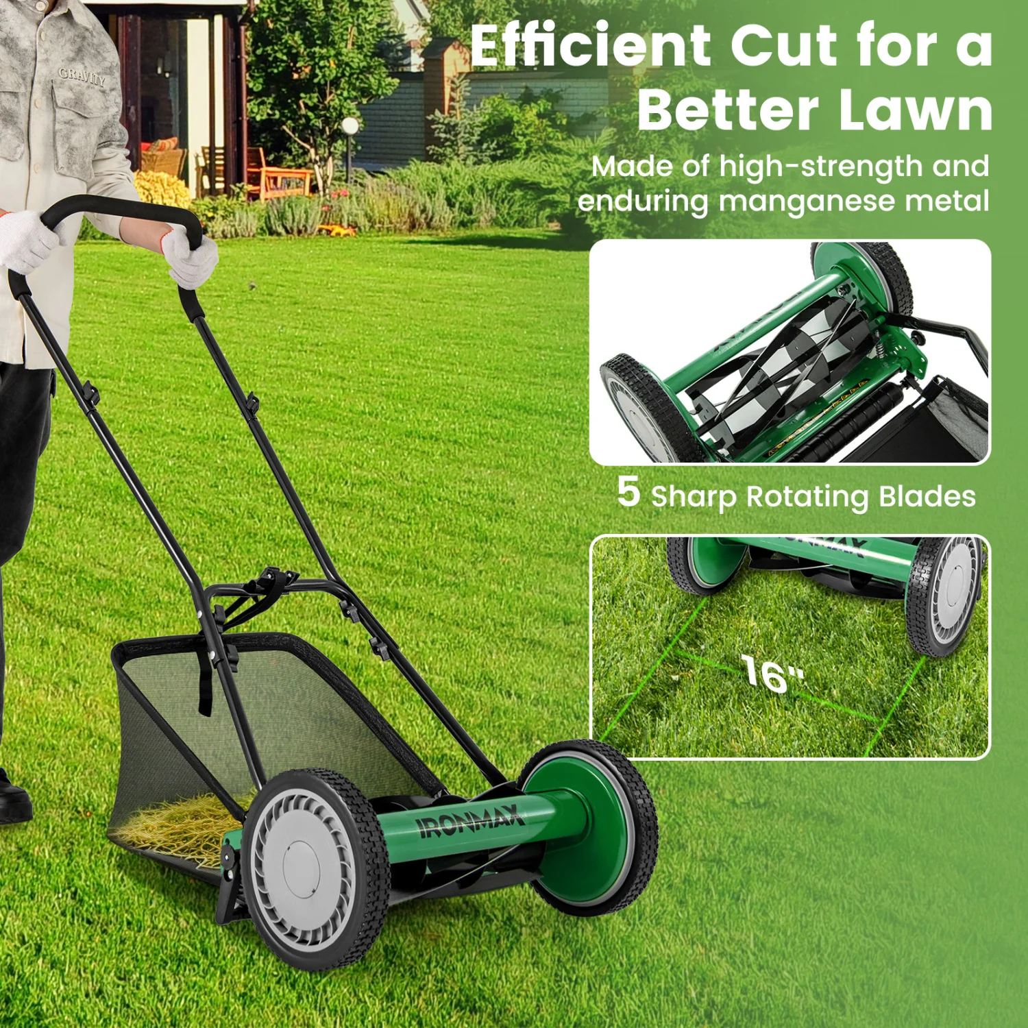 16 Inch Push Lawn Mower, 5 Steel Blades, Grass Catcher Bag, Green - Image 6