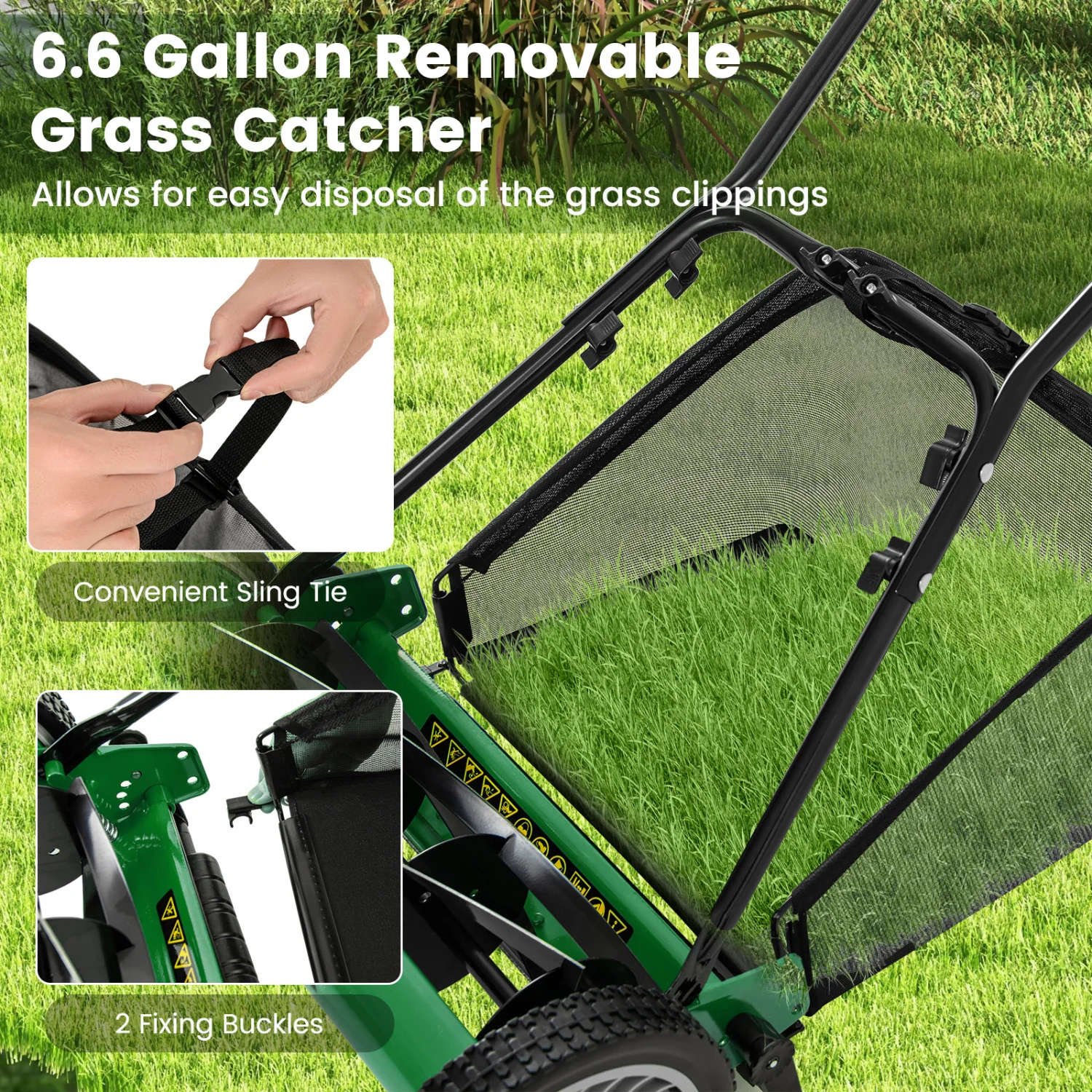 16 Inch Push Lawn Mower, 5 Steel Blades, Grass Catcher Bag, Green - Image 7