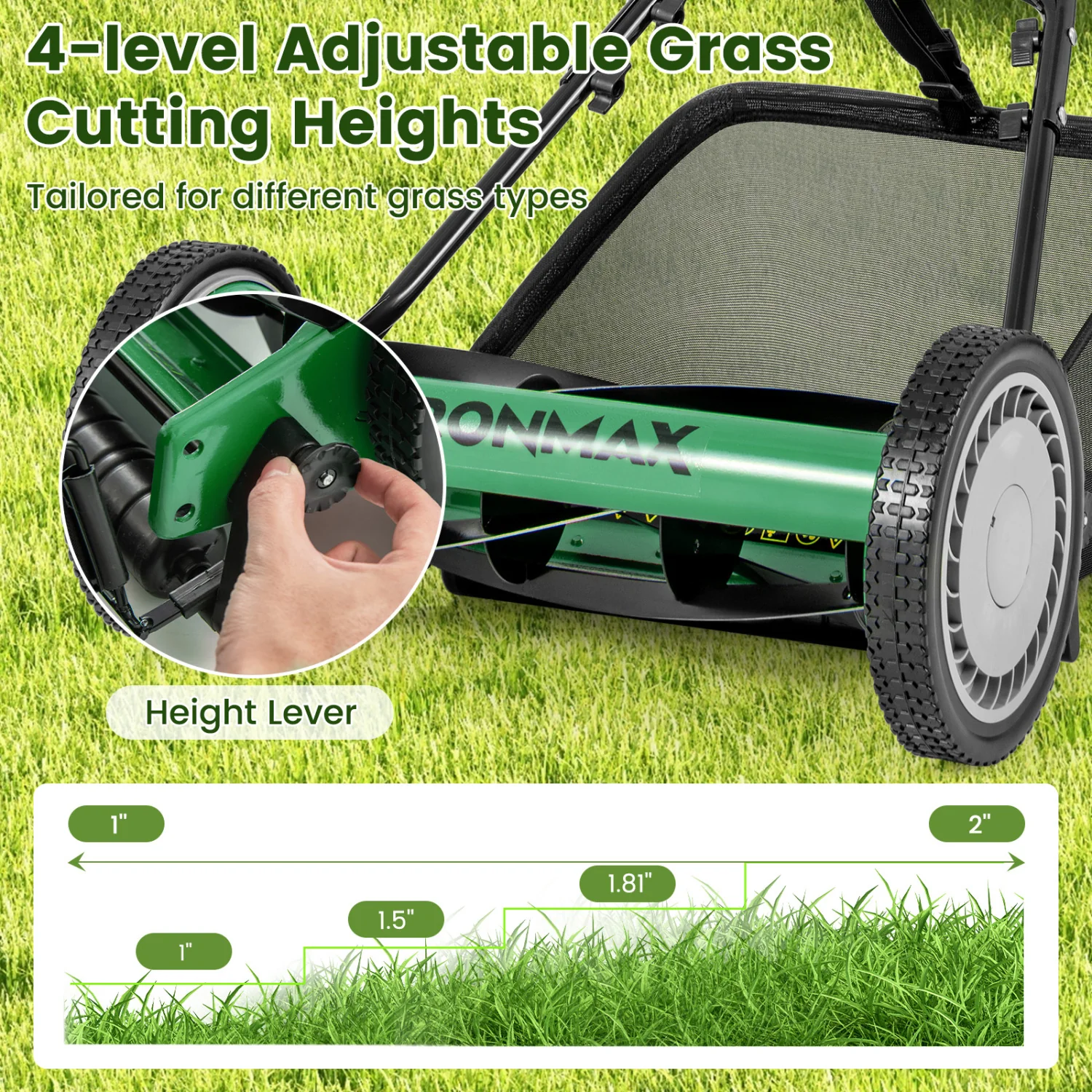 16 Inch Push Lawn Mower, 5 Steel Blades, Grass Catcher Bag, Green - Image 8