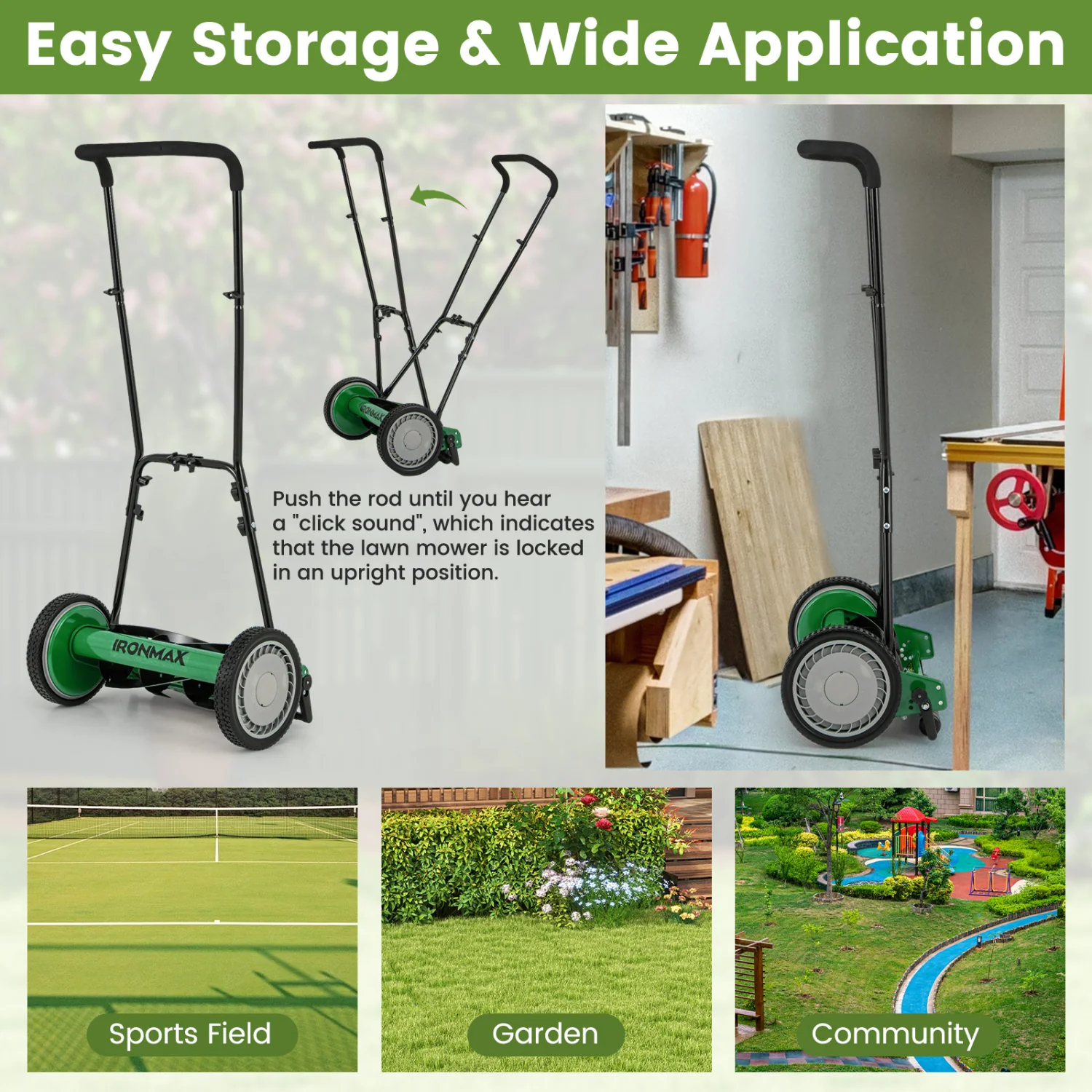 16 Inch Push Lawn Mower, 5 Steel Blades, Grass Catcher Bag, Green - Image 9