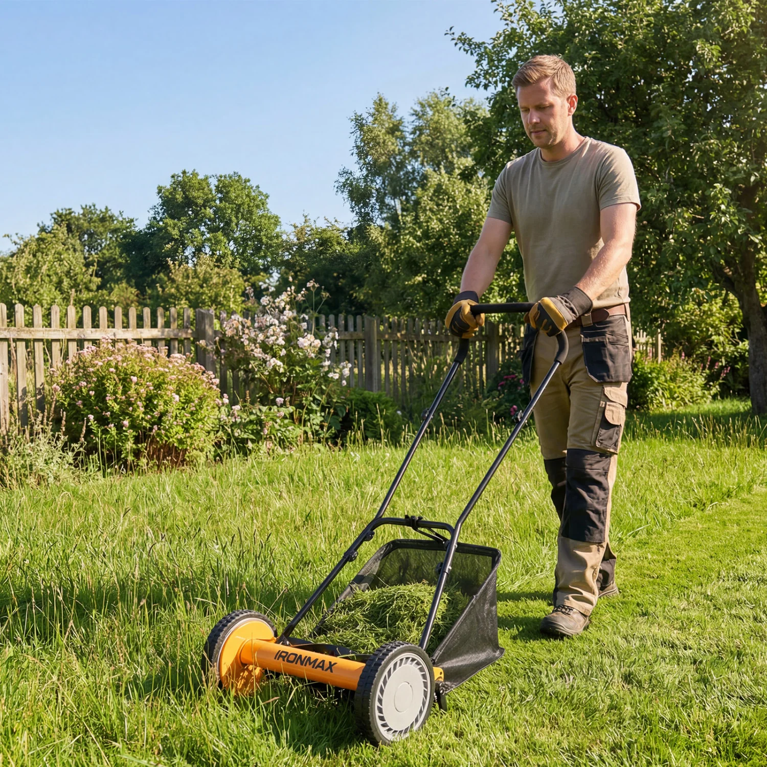 16 Inch Push Lawn Mower, 5 Steel Blades, Grass Catcher Bag, Orange - Image 2