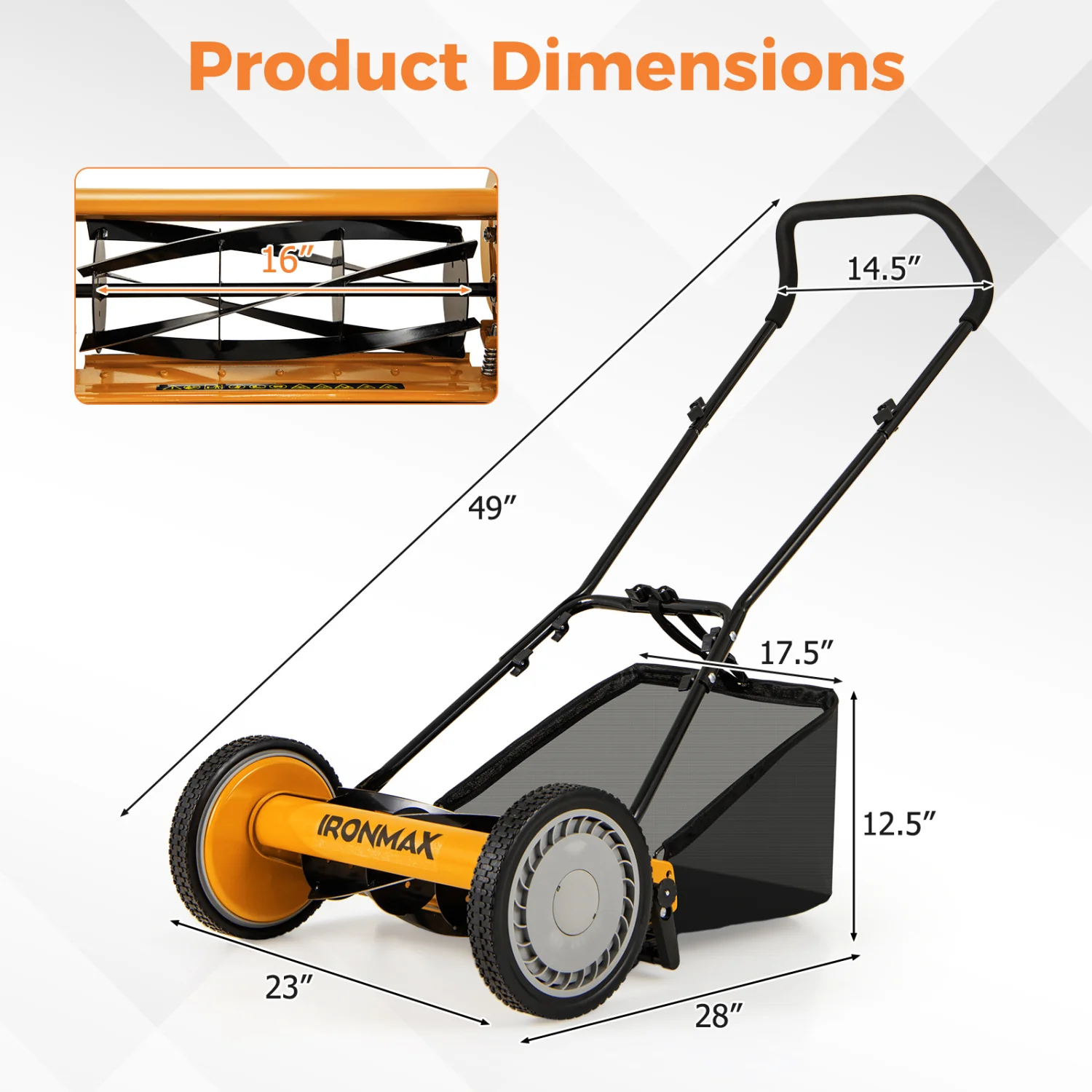 16 Inch Push Lawn Mower, 5 Steel Blades, Grass Catcher Bag, Orange - Image 4