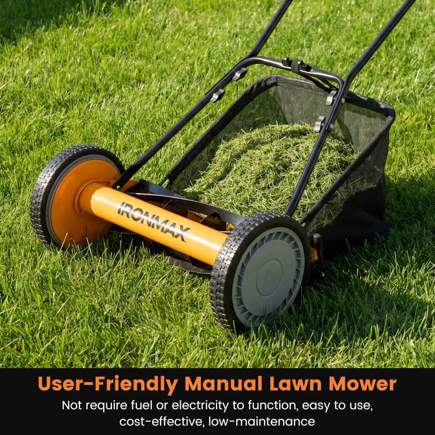 16 Inch Push Lawn Mower, 5 Steel Blades, Grass Catcher Bag, Orange - Image 5
