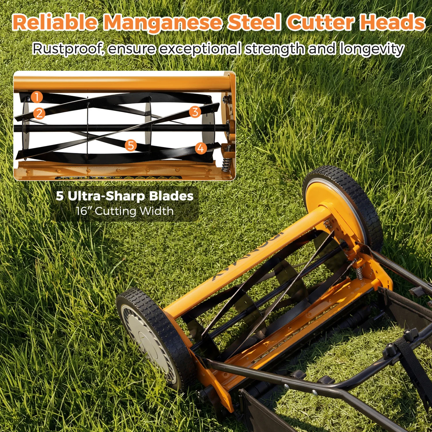 16 Inch Push Lawn Mower, 5 Steel Blades, Grass Catcher Bag, Orange - Image 7