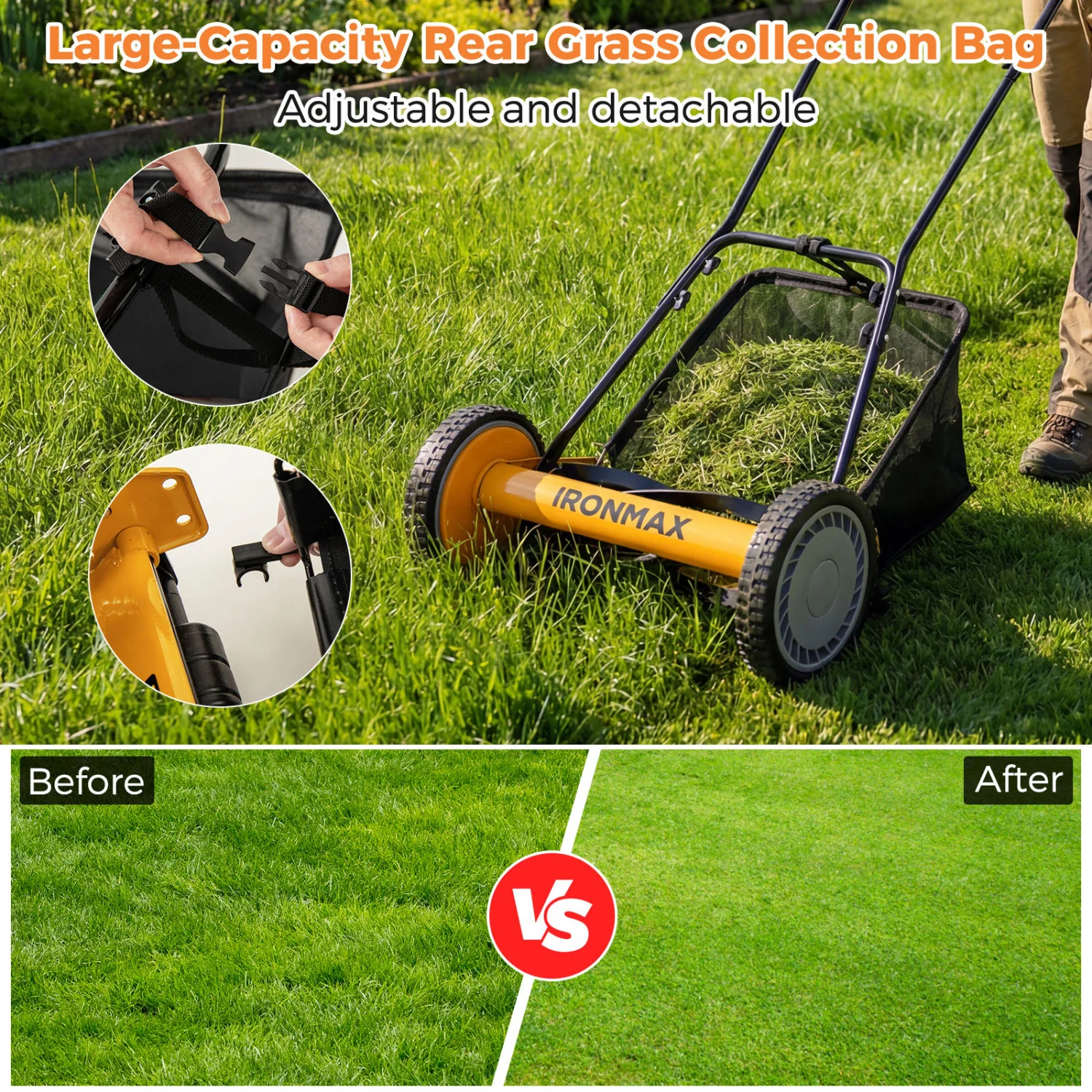 16 Inch Push Lawn Mower, 5 Steel Blades, Grass Catcher Bag, Orange - Image 9