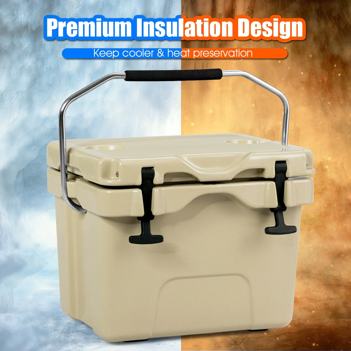 16 Quart 24-Can Insulated Ice Cooler, 2 Cup Holders, Khaki - Image 2