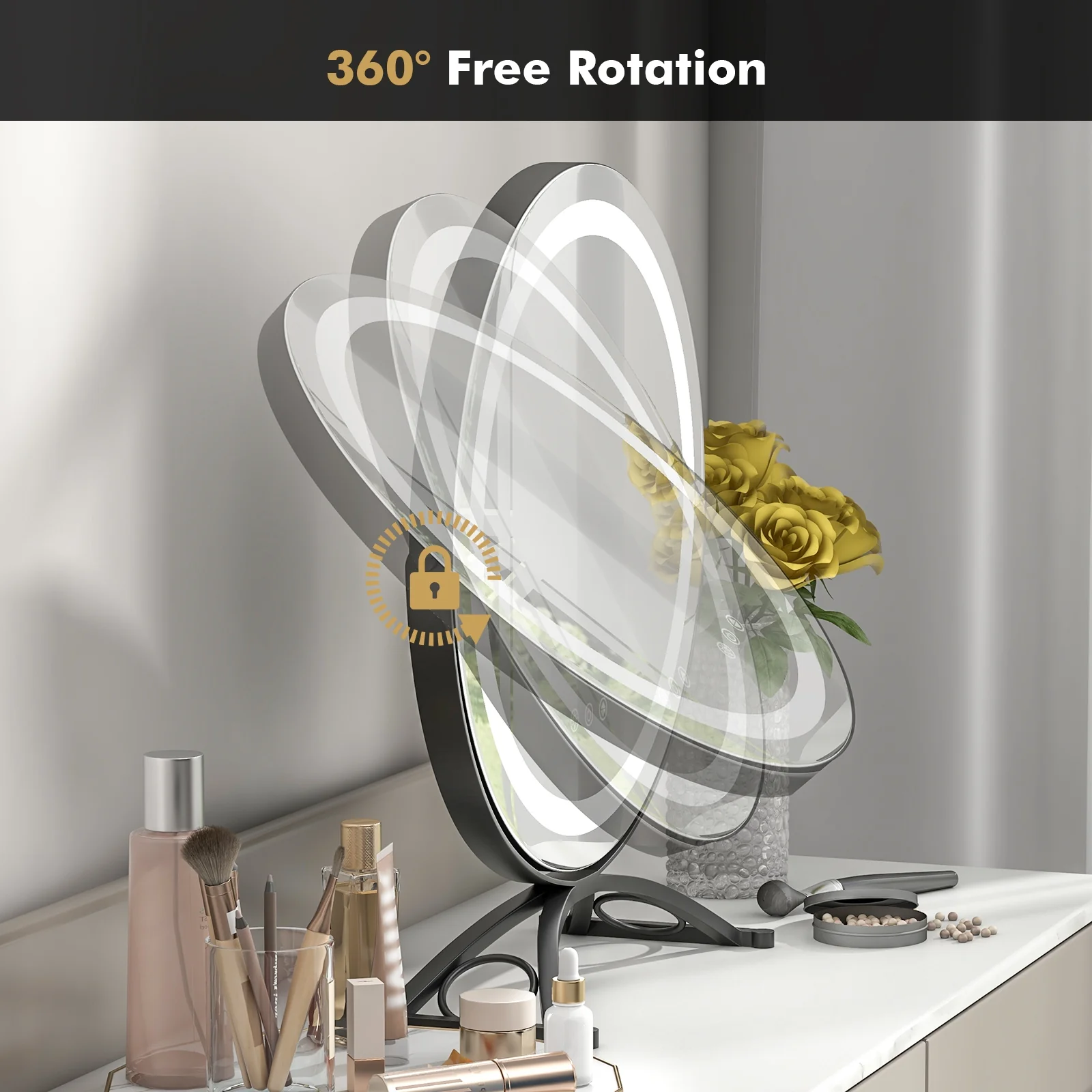 16 x 16 Inch Round LED Vanity Mirror, 3-Color Lighting, Brightness Dimming, Black - Image 10