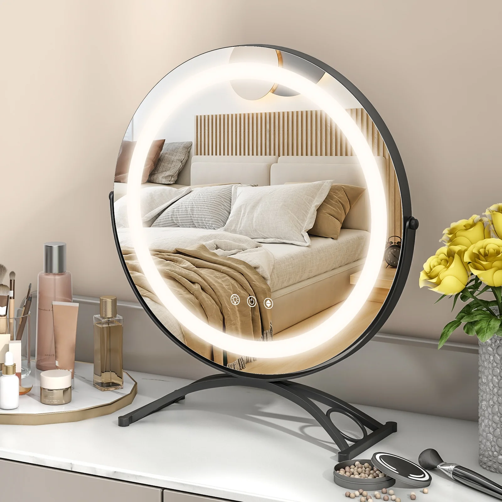 16 x 16 Inch Round LED Vanity Mirror, 3-Color Lighting, Brightness Dimming, Black - Image 2