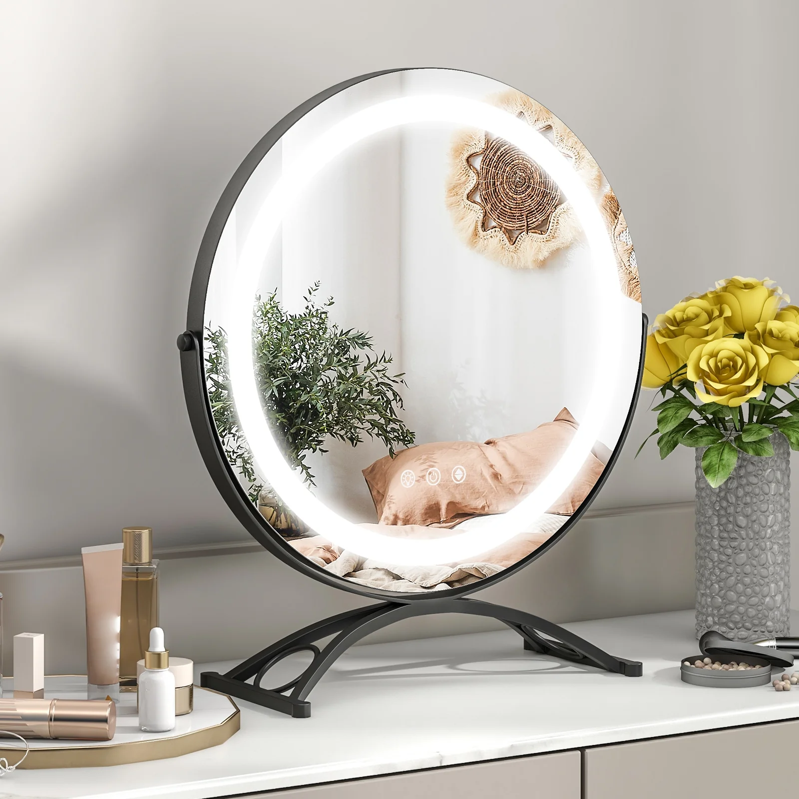 16 x 16 Inch Round LED Vanity Mirror, 3-Color Lighting, Brightness Dimming, Black - Image 3