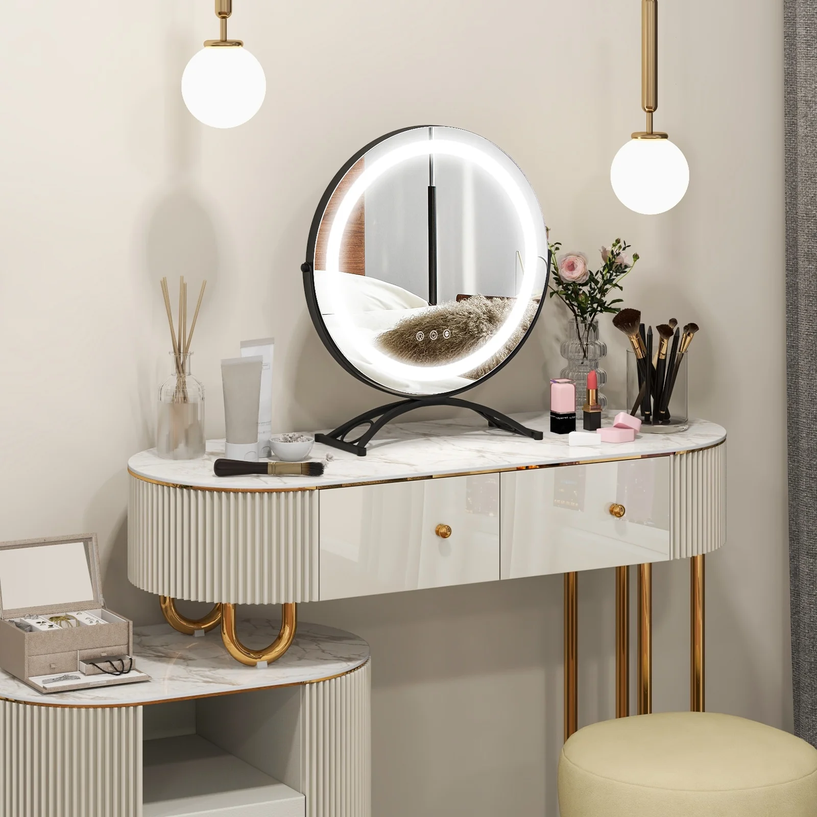 16 x 16 Inch Round LED Vanity Mirror, 3-Color Lighting, Brightness Dimming, Black - Image 4
