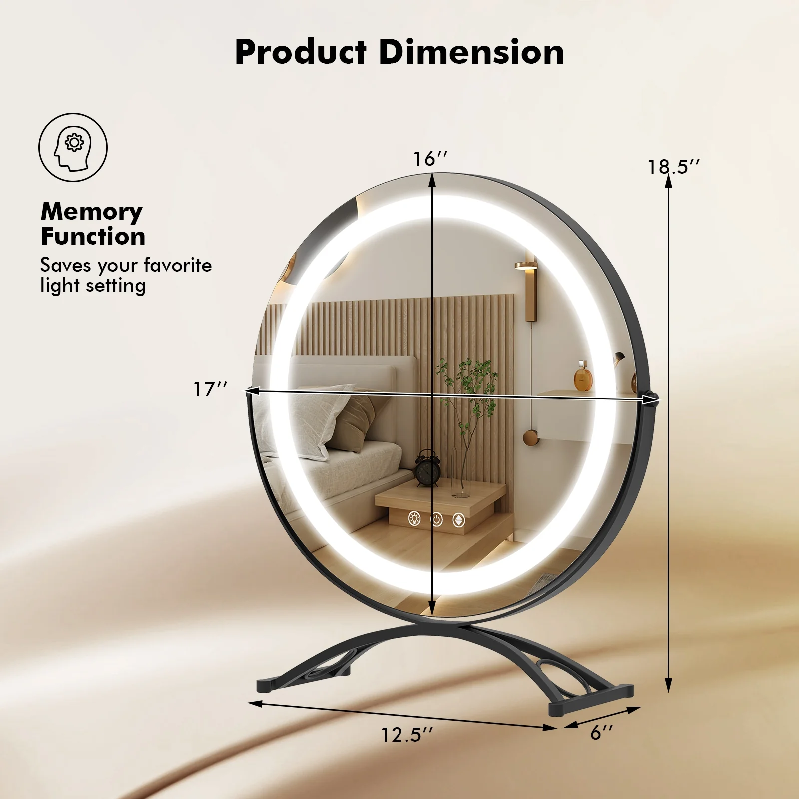 16 x 16 Inch Round LED Vanity Mirror, 3-Color Lighting, Brightness Dimming, Black - Image 6