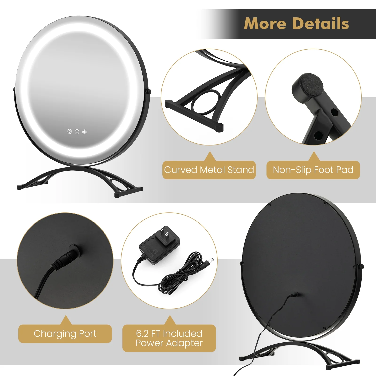 16 x 16 Inch Round LED Vanity Mirror, 3-Color Lighting, Brightness Dimming, Black - Image 7