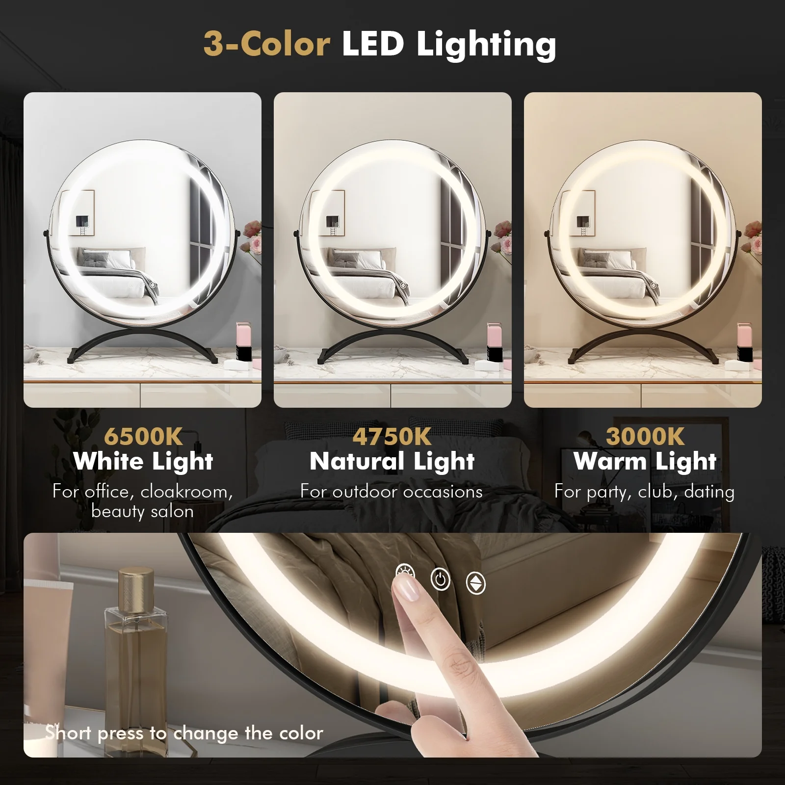 16 x 16 Inch Round LED Vanity Mirror, 3-Color Lighting, Brightness Dimming, Black - Image 8