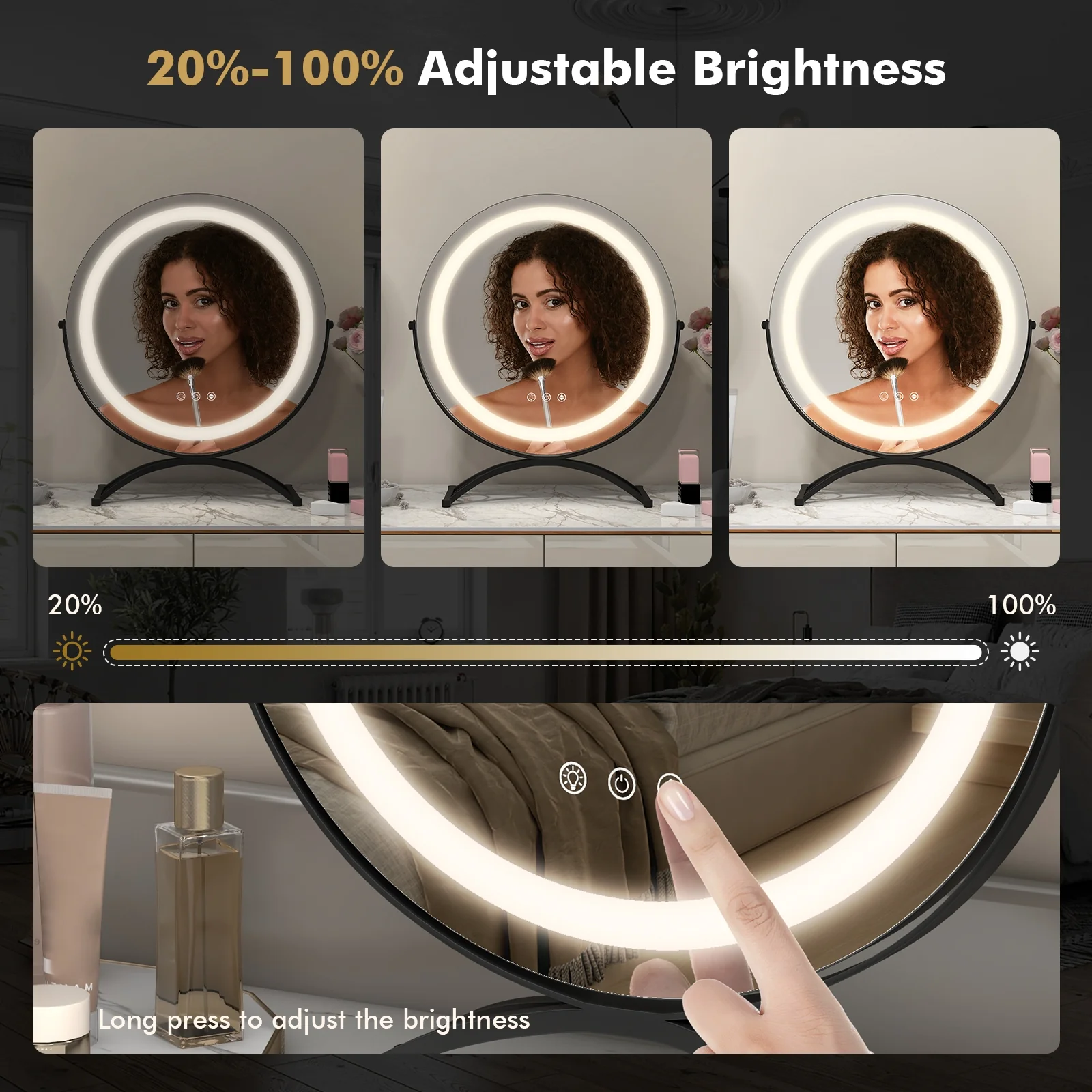 16 x 16 Inch Round LED Vanity Mirror, 3-Color Lighting, Brightness Dimming, Black - Image 9