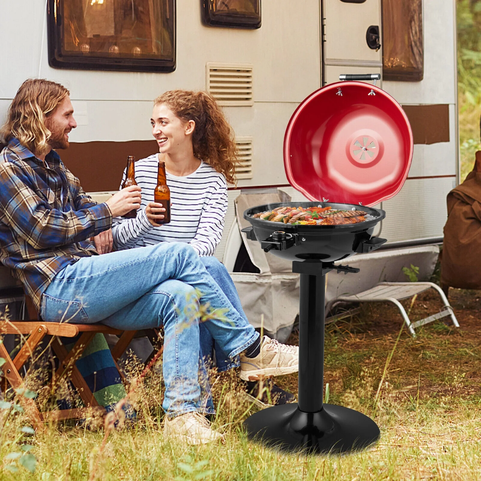1600W Portable Electric BBQ Grill with Removable Non-Stick Rack, Black & Red - Image 3