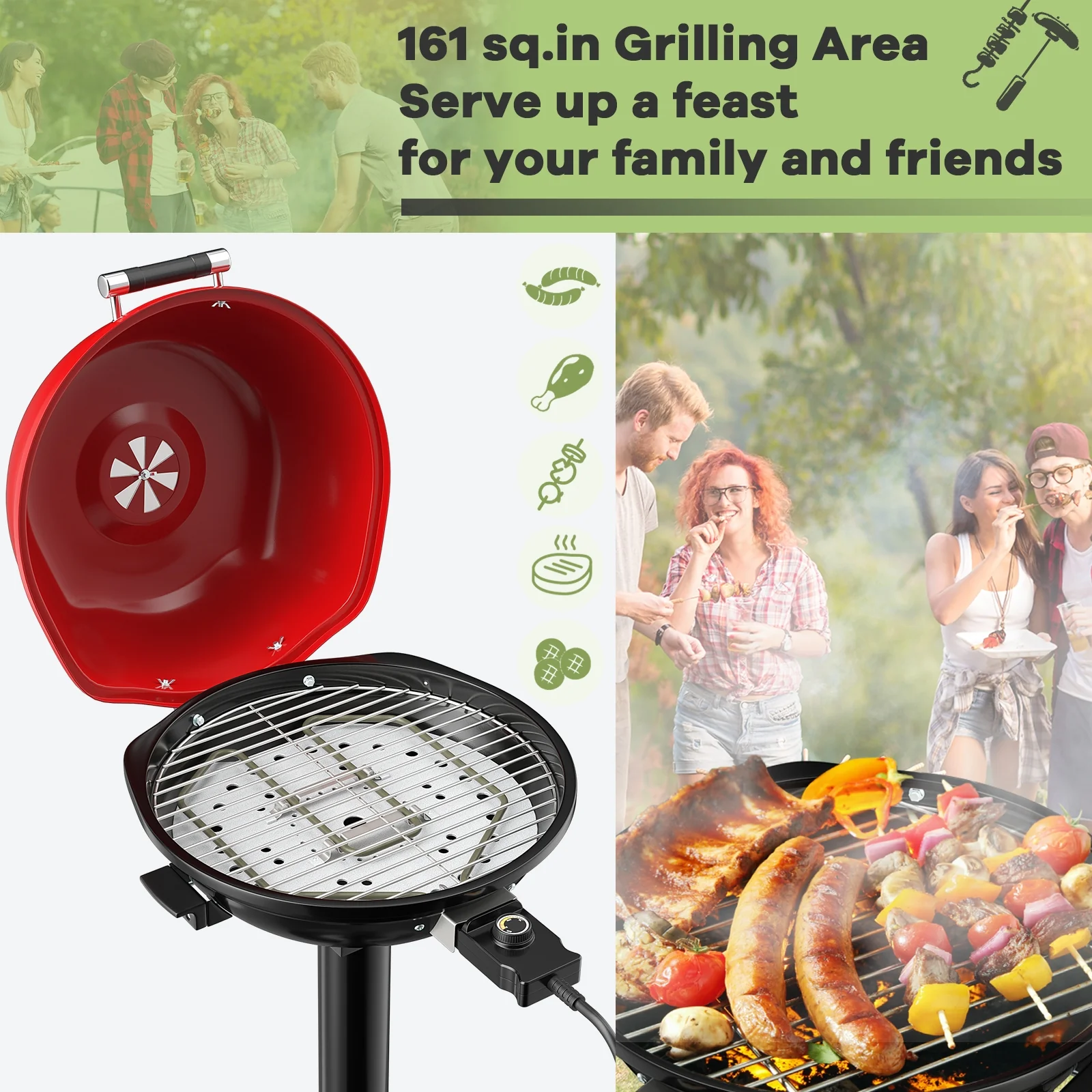 1600W Portable Electric BBQ Grill with Removable Non-Stick Rack, Black & Red - Image 7