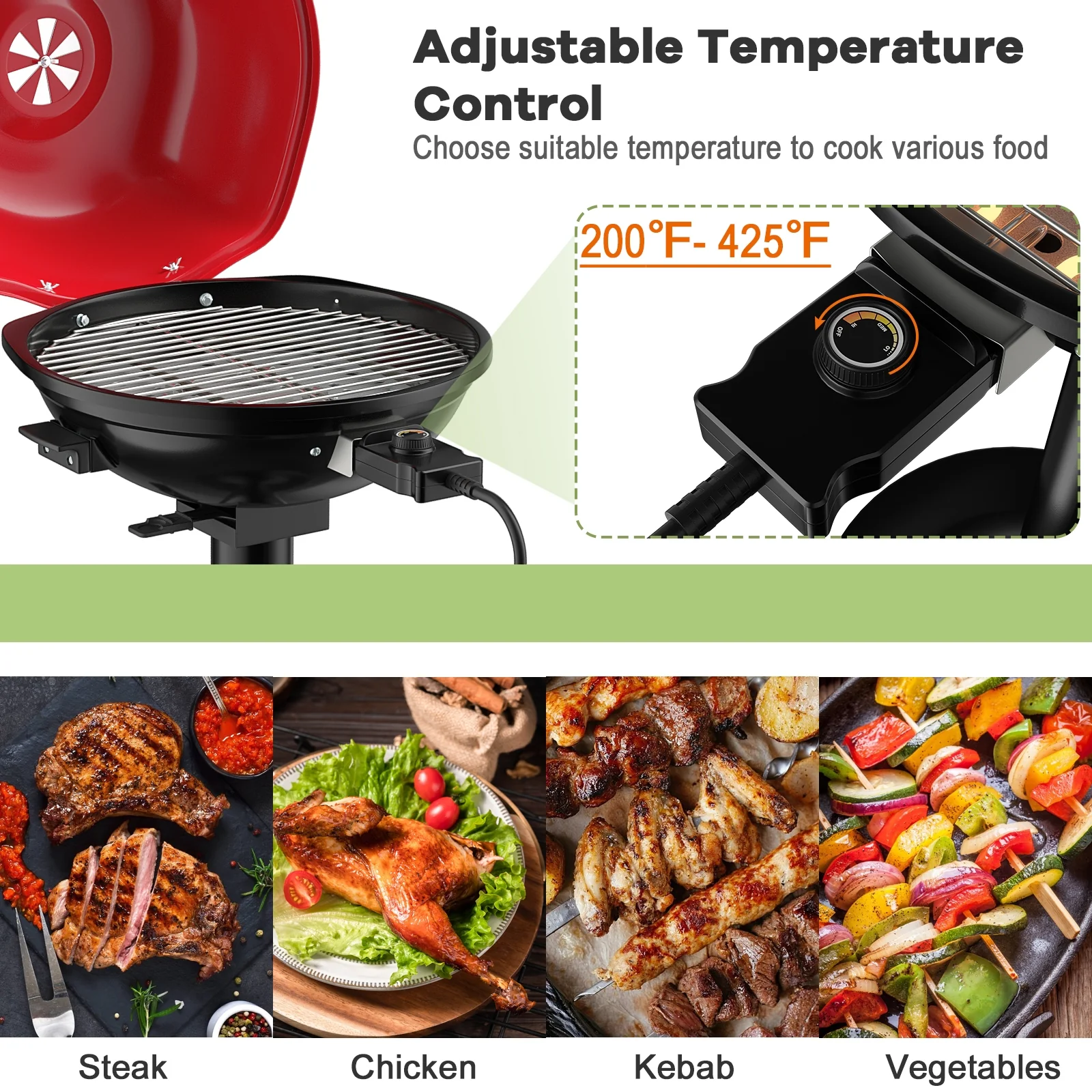 1600W Portable Electric BBQ Grill with Removable Non-Stick Rack, Black & Red - Image 9
