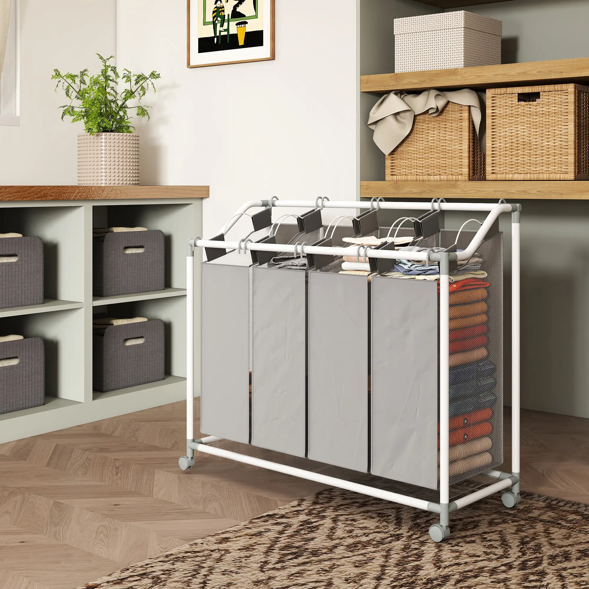 160L Laundry Hamper with Wheels, 4 Removable Bags, Grey - Image 10