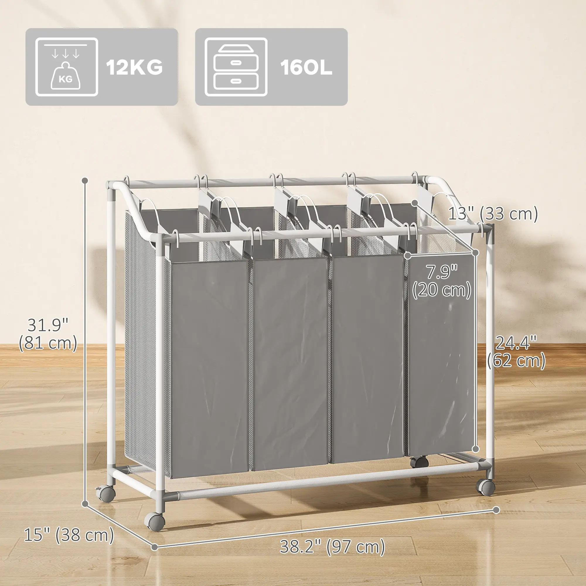 160L Laundry Hamper with Wheels, 4 Removable Bags, Grey - Image 3