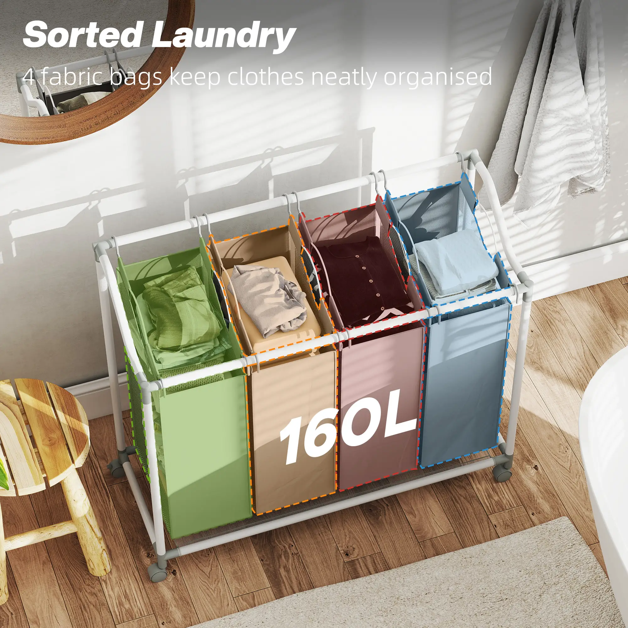 160L Laundry Hamper with Wheels, 4 Removable Bags, Grey - Image 4
