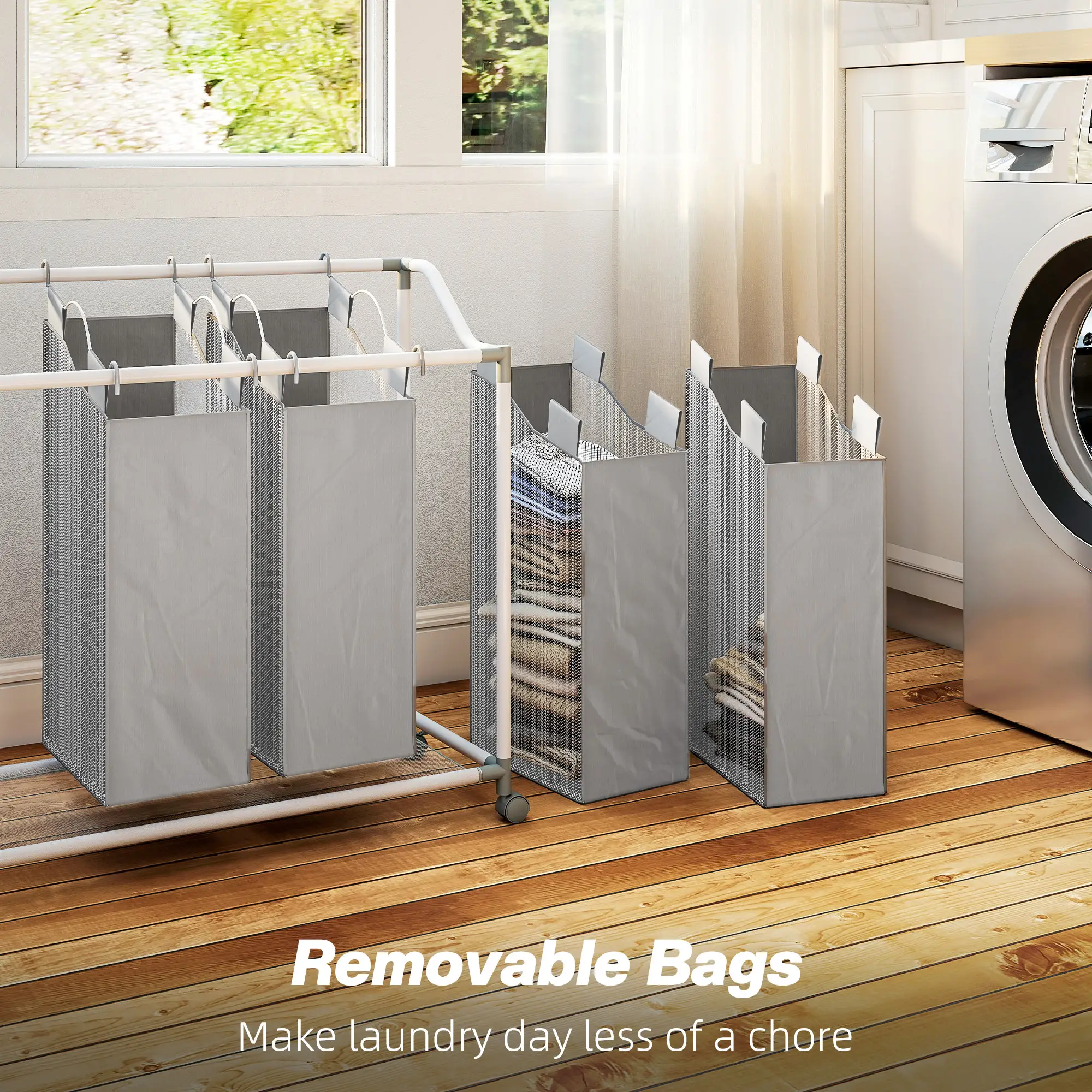 160L Laundry Hamper with Wheels, 4 Removable Bags, Grey - Image 5