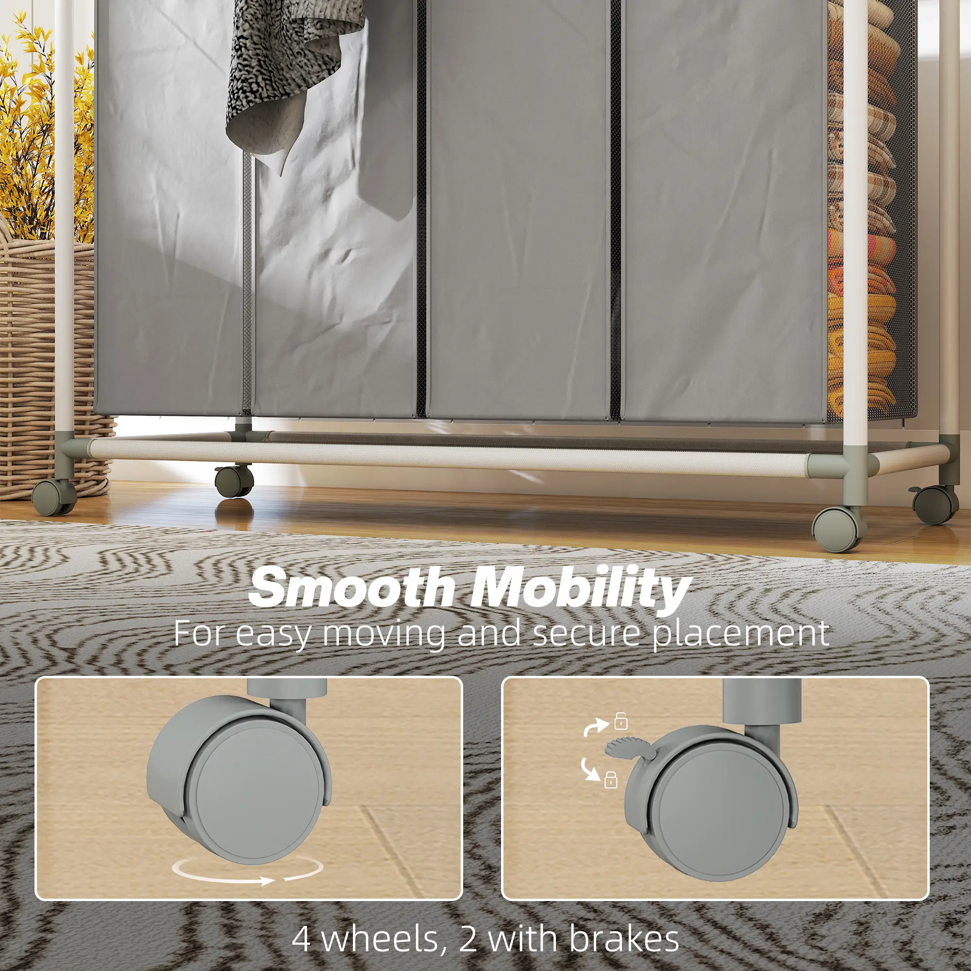 160L Laundry Hamper with Wheels, 4 Removable Bags, Grey - Image 6