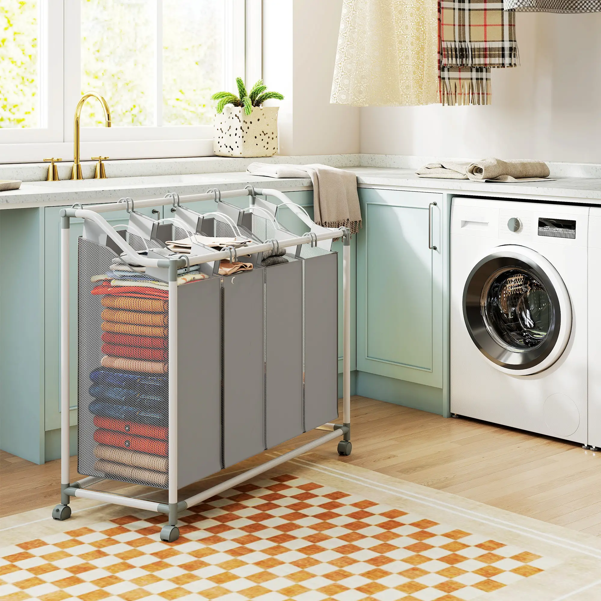 160L Laundry Hamper with Wheels, 4 Removable Bags, Grey - Image 7