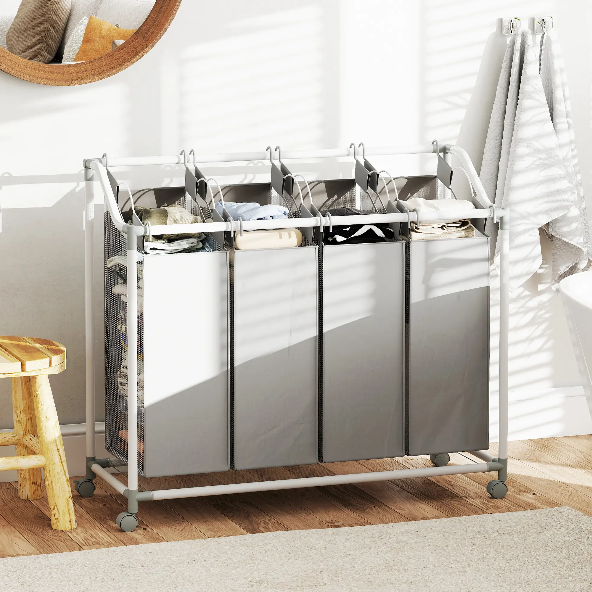 160L Laundry Hamper with Wheels, 4 Removable Bags, Grey - Image 8