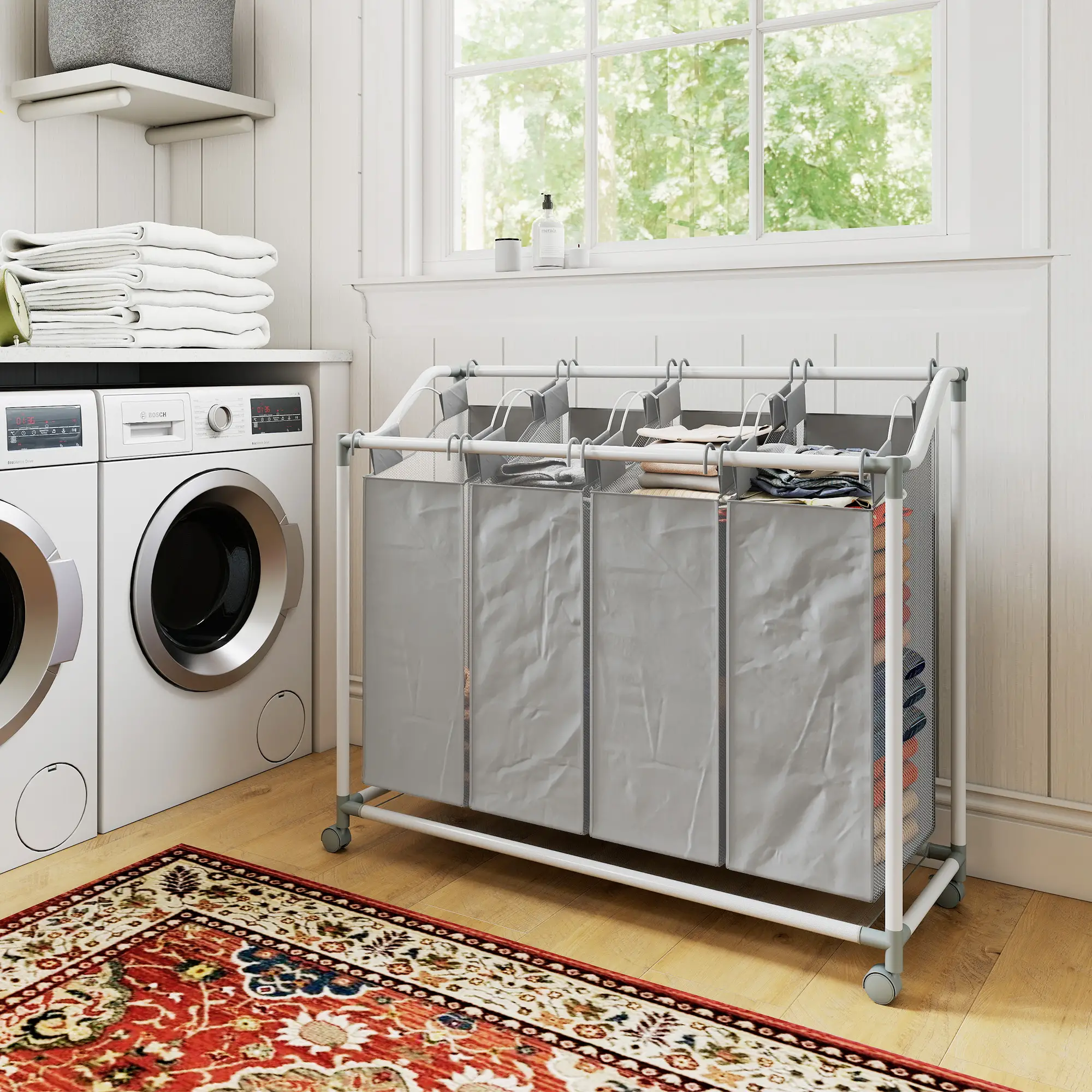 160L Laundry Hamper with Wheels, 4 Removable Bags, Grey - Image 9