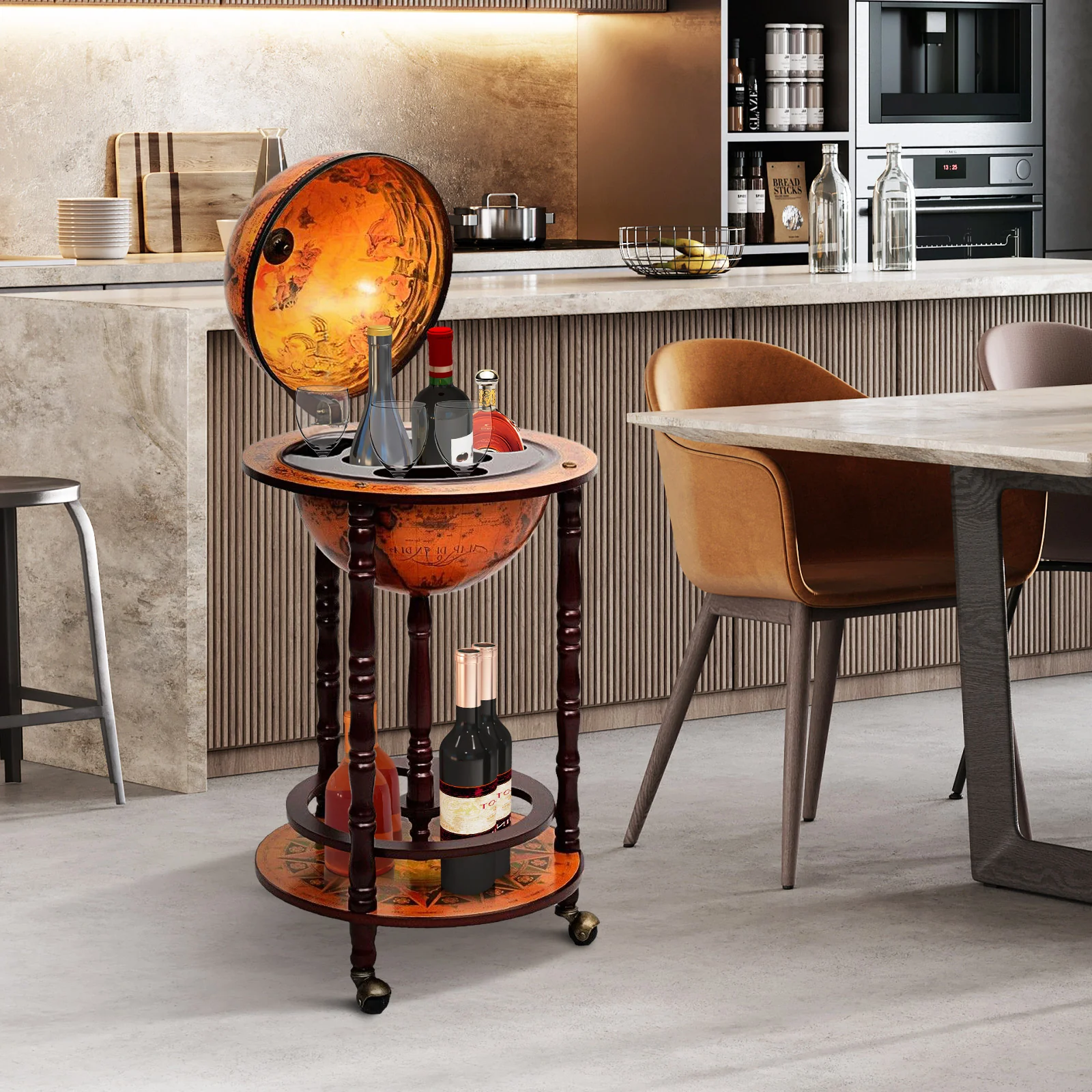 16th Century Wood Globe Wine Bar Stand, Dark Red - Image 2