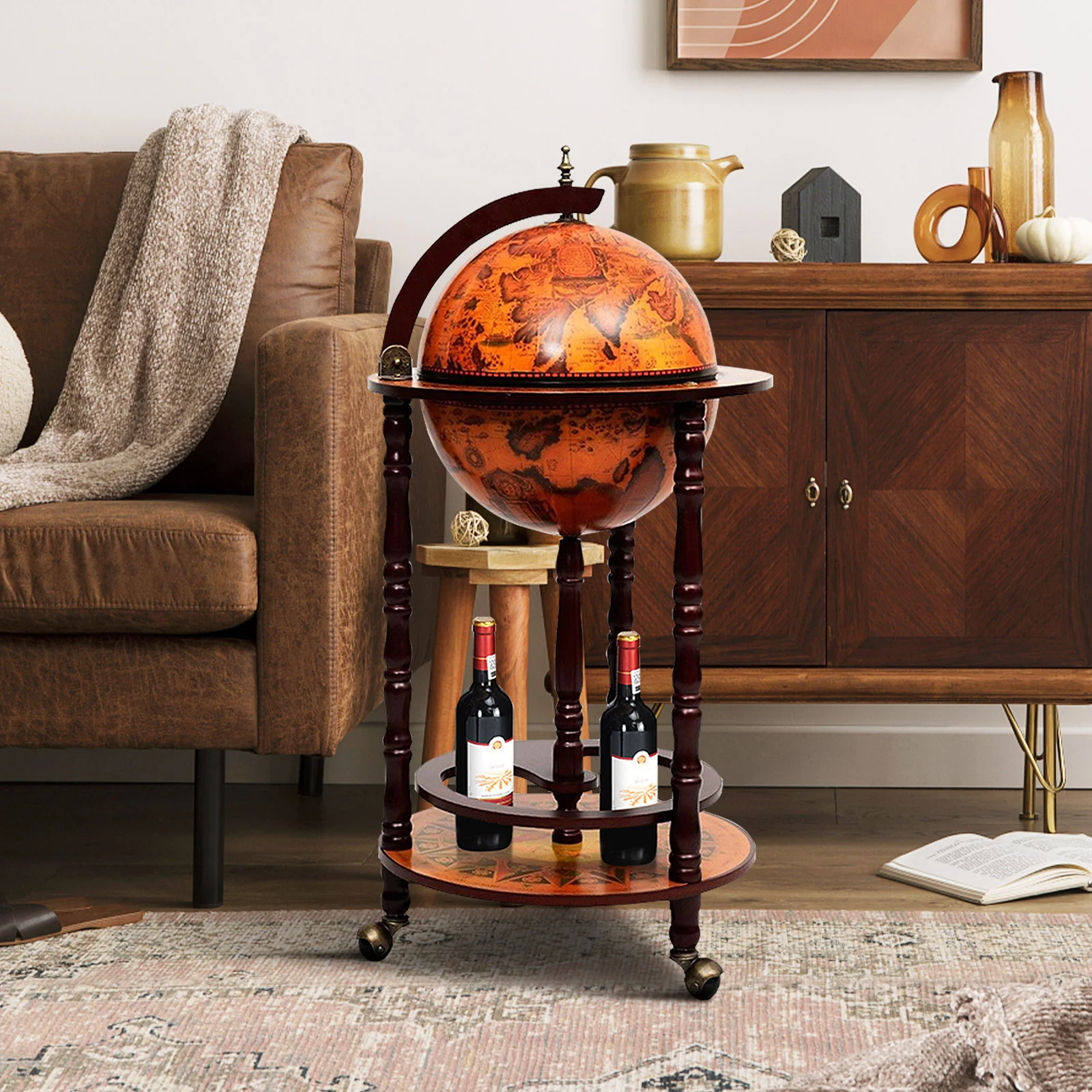 16th Century Wood Globe Wine Bar Stand, Dark Red - Image 3