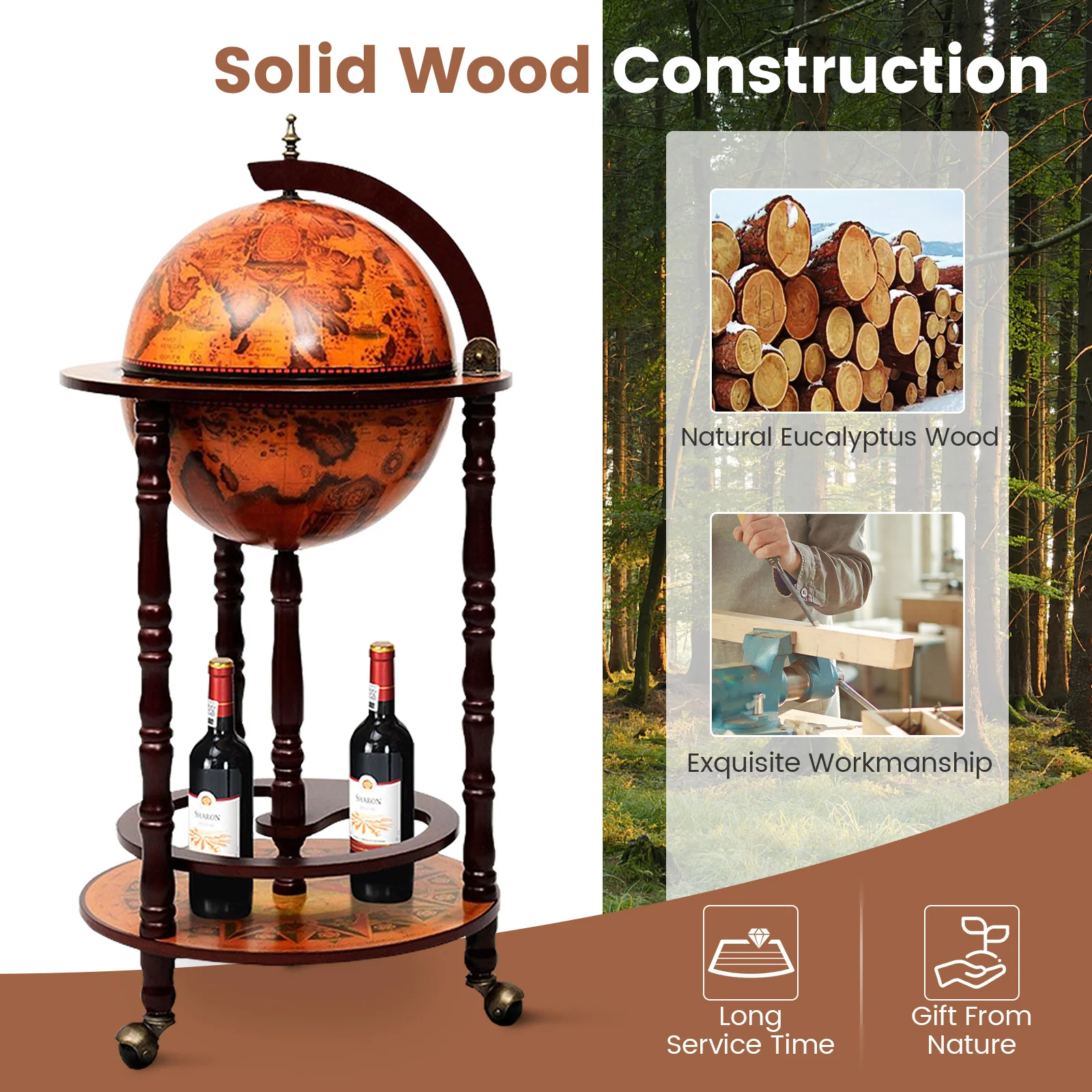 16th Century Wood Globe Wine Bar Stand, Dark Red - Image 8