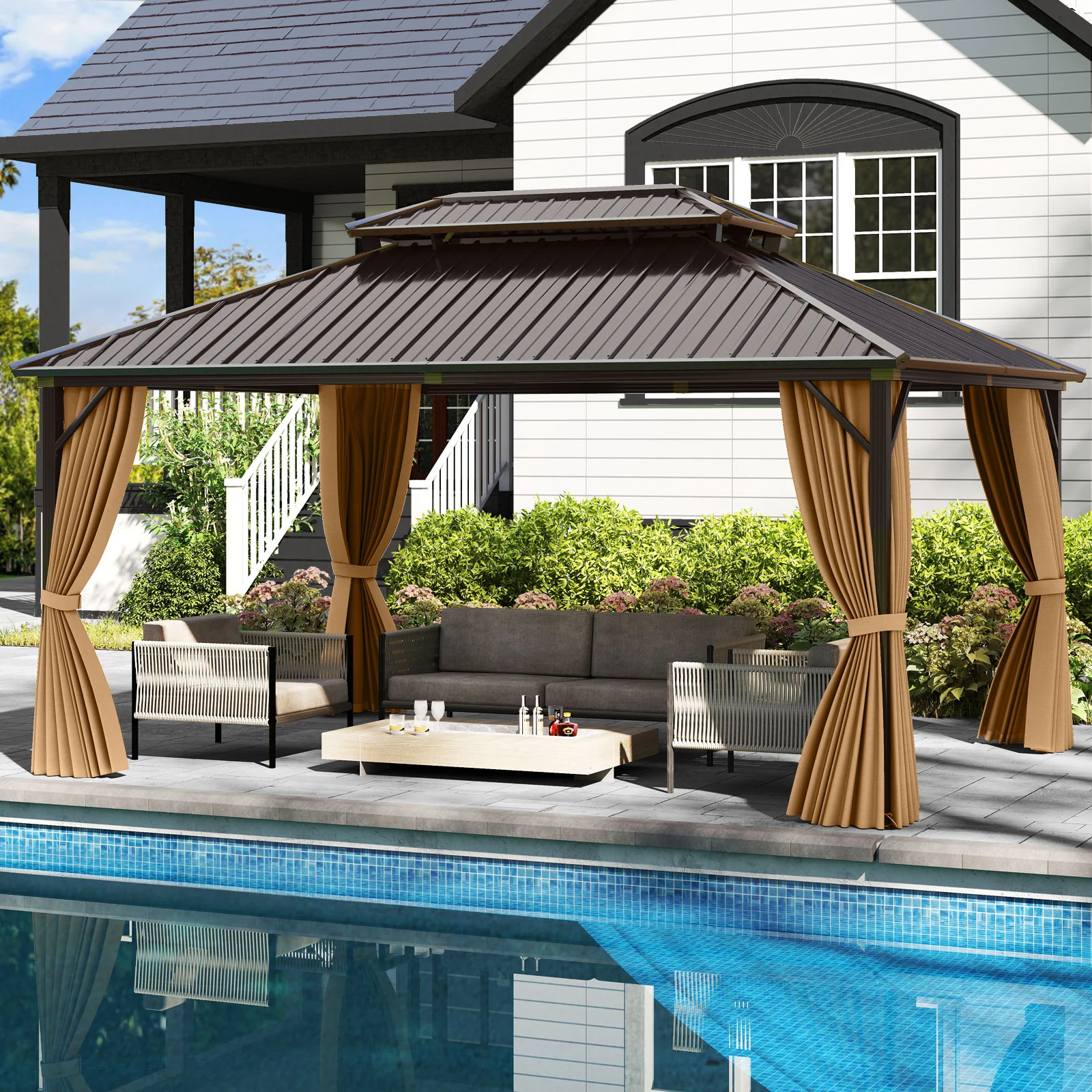 16x12 Feet Hardtop Gazebo, Aluminum Frame, Permanent Pavilion, Curtains And Netting, Coffee - Image 3