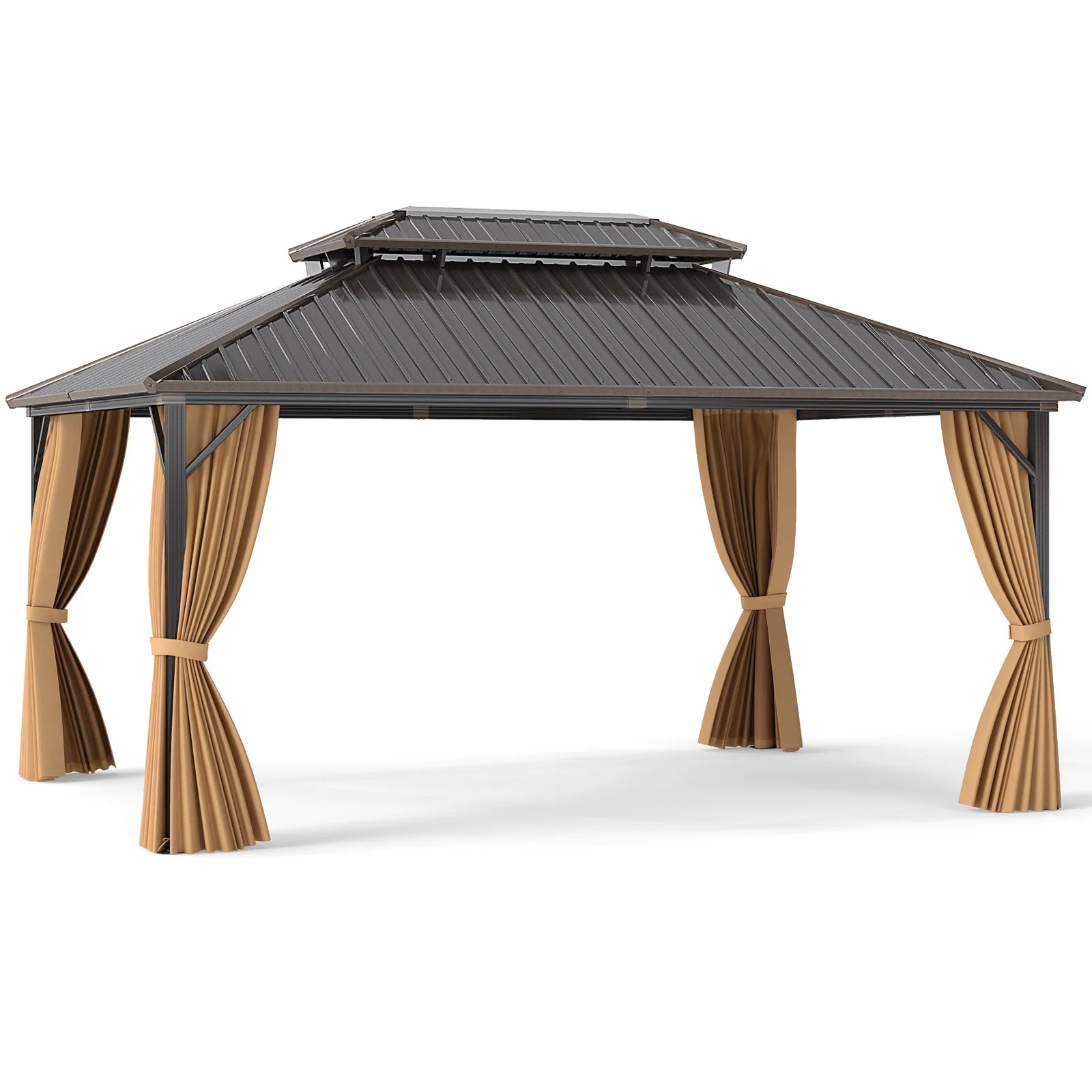 16x12 Feet Hardtop Gazebo, Aluminum Frame, Permanent Pavilion, Curtains And Netting, Coffee - Image 4