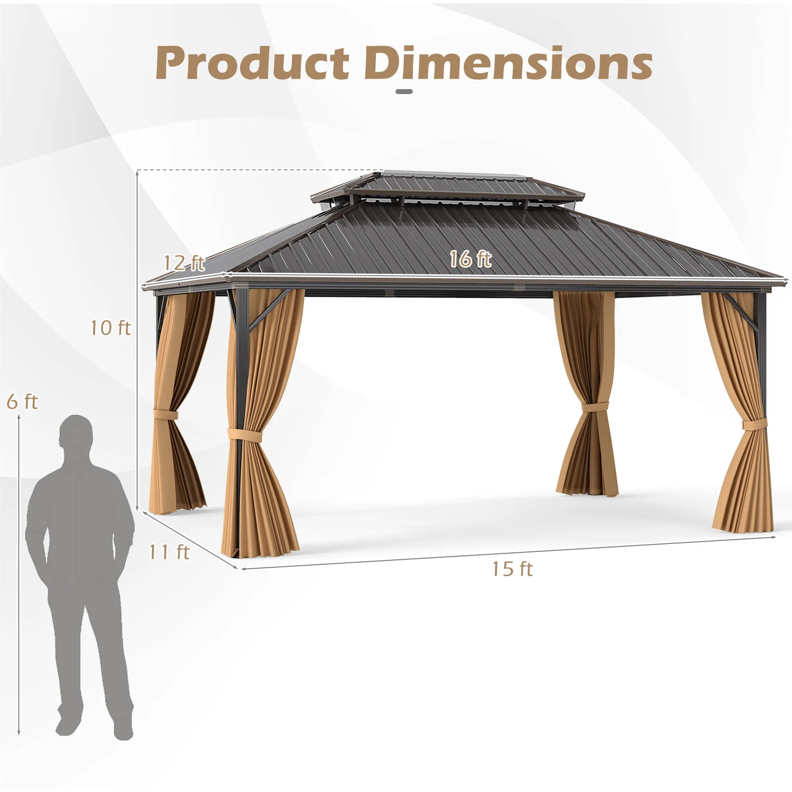 16x12 Feet Hardtop Gazebo, Aluminum Frame, Permanent Pavilion, Curtains And Netting, Coffee - Image 6