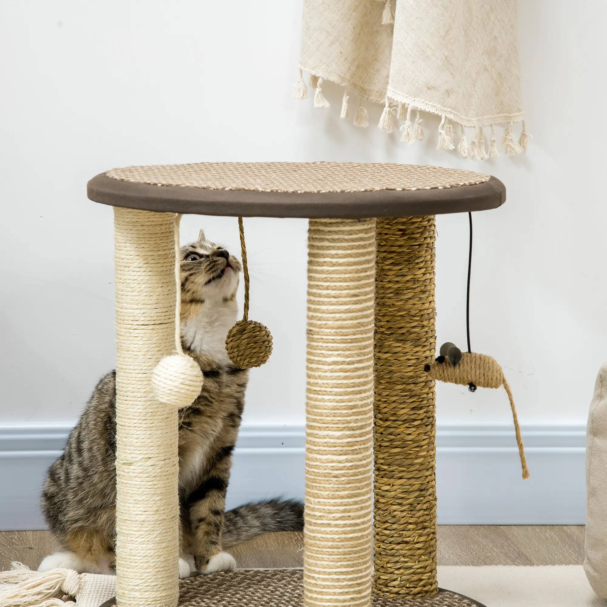 17 Cat Tree, Kitty Activity Centre, Hanging Toys, Scratching Post, Brown - Image 9