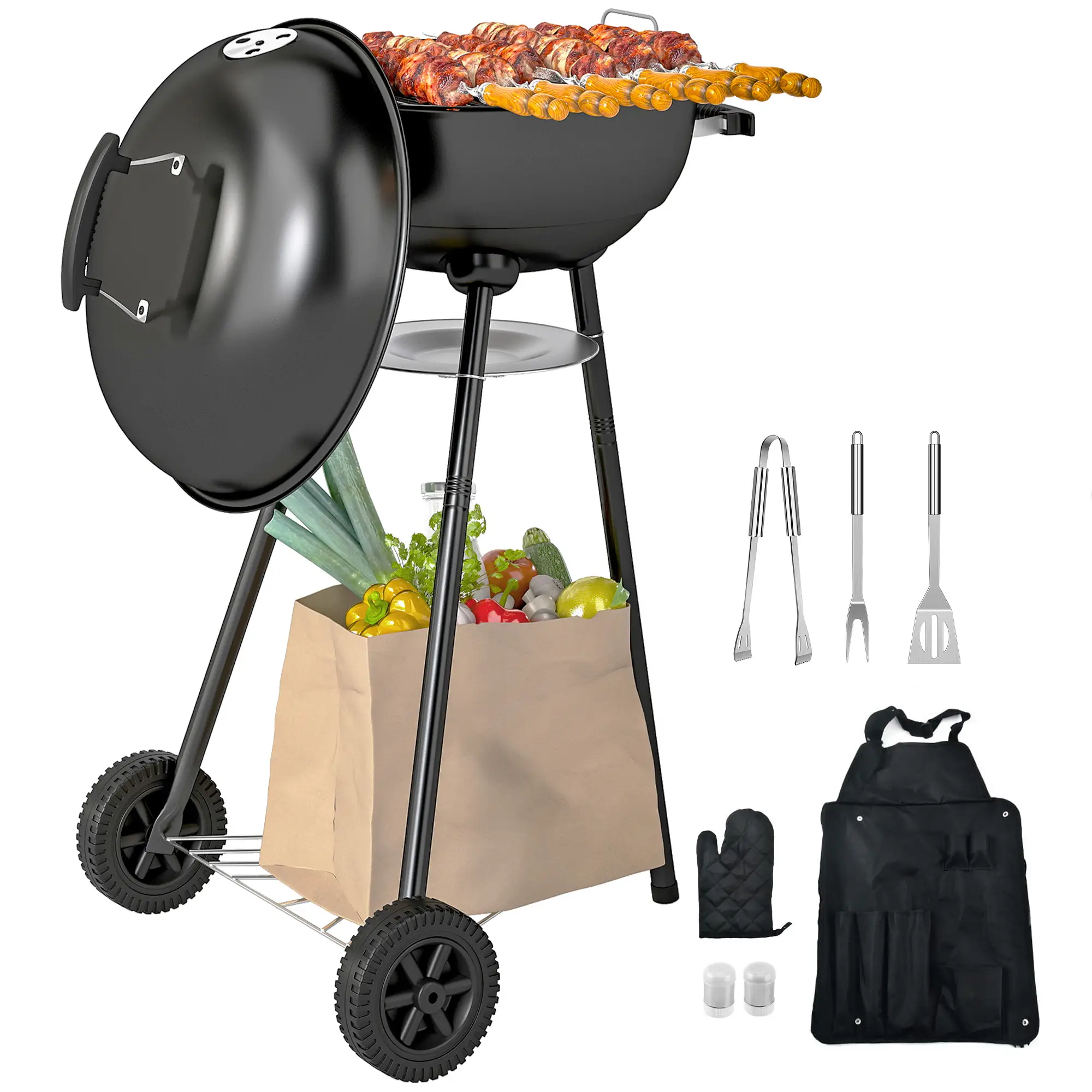 17" Charcoal BBQ Grill With Shelf, Ash Catcher, Wheels, Black - Image 11