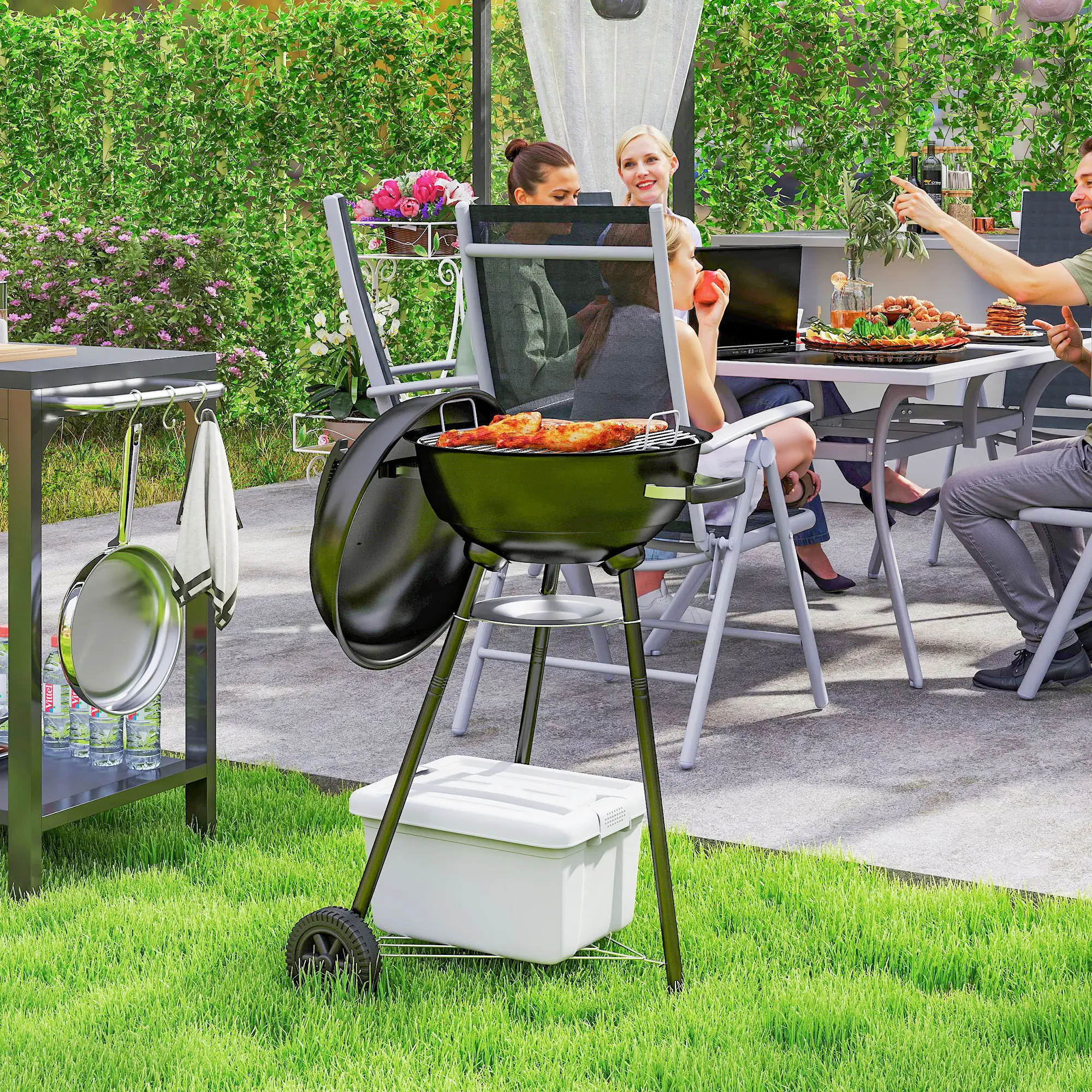 17" Charcoal BBQ Grill With Shelf, Ash Catcher, Wheels, Black - Image 2